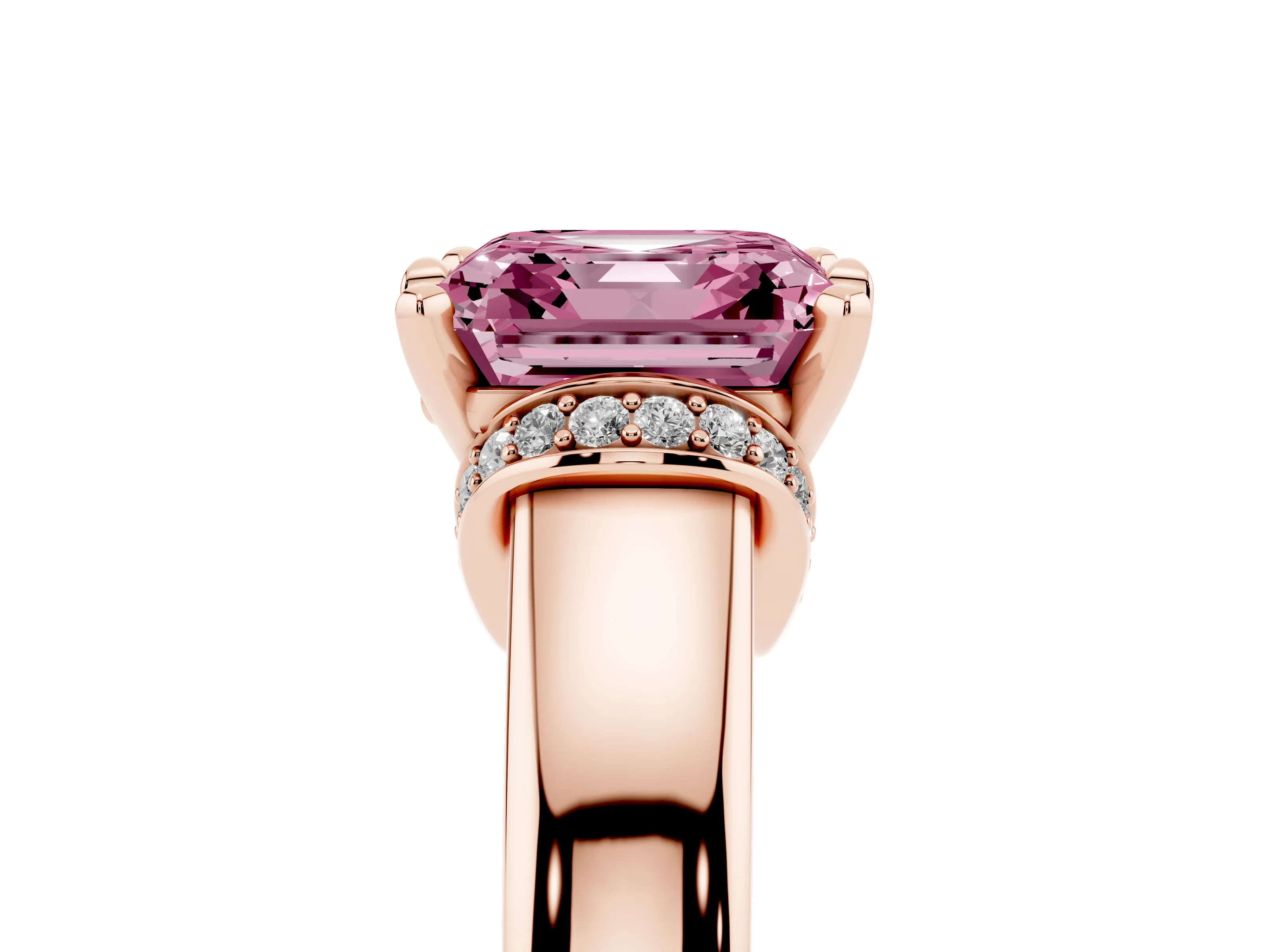 Fancy Pink Asscher Cut Diamond Pavé Band Solitaire Ring Set in Rose gold with Prong Setting
