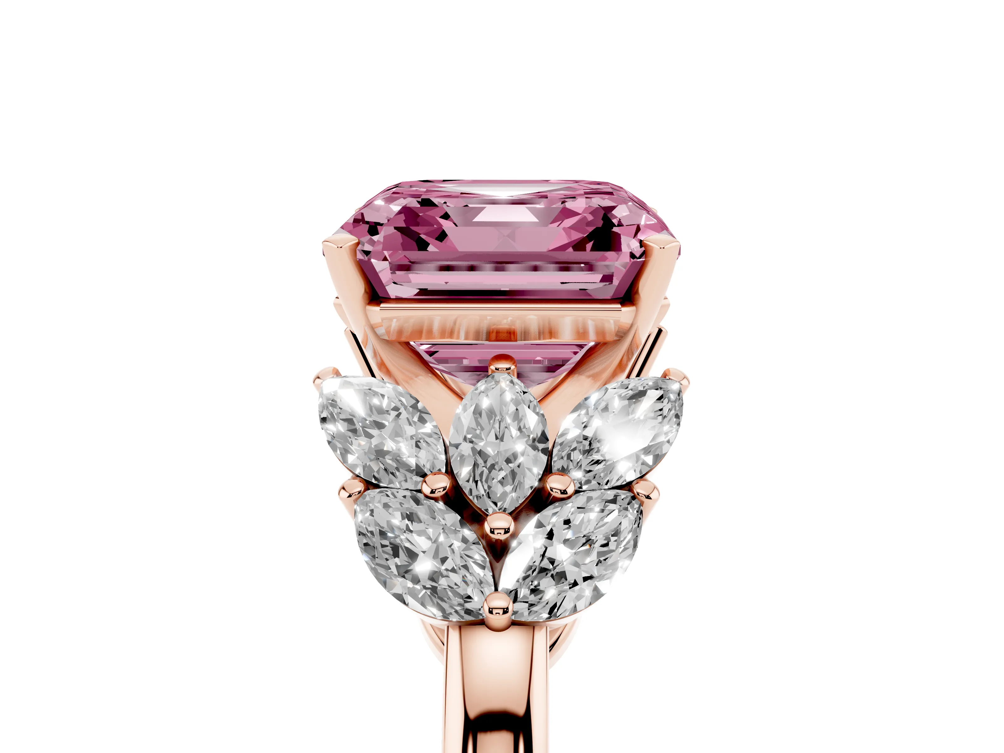 Fancy Pink Asscher Cut Diamond Cluster Leaf Design Ring Set in Rose gold with Prong Setting