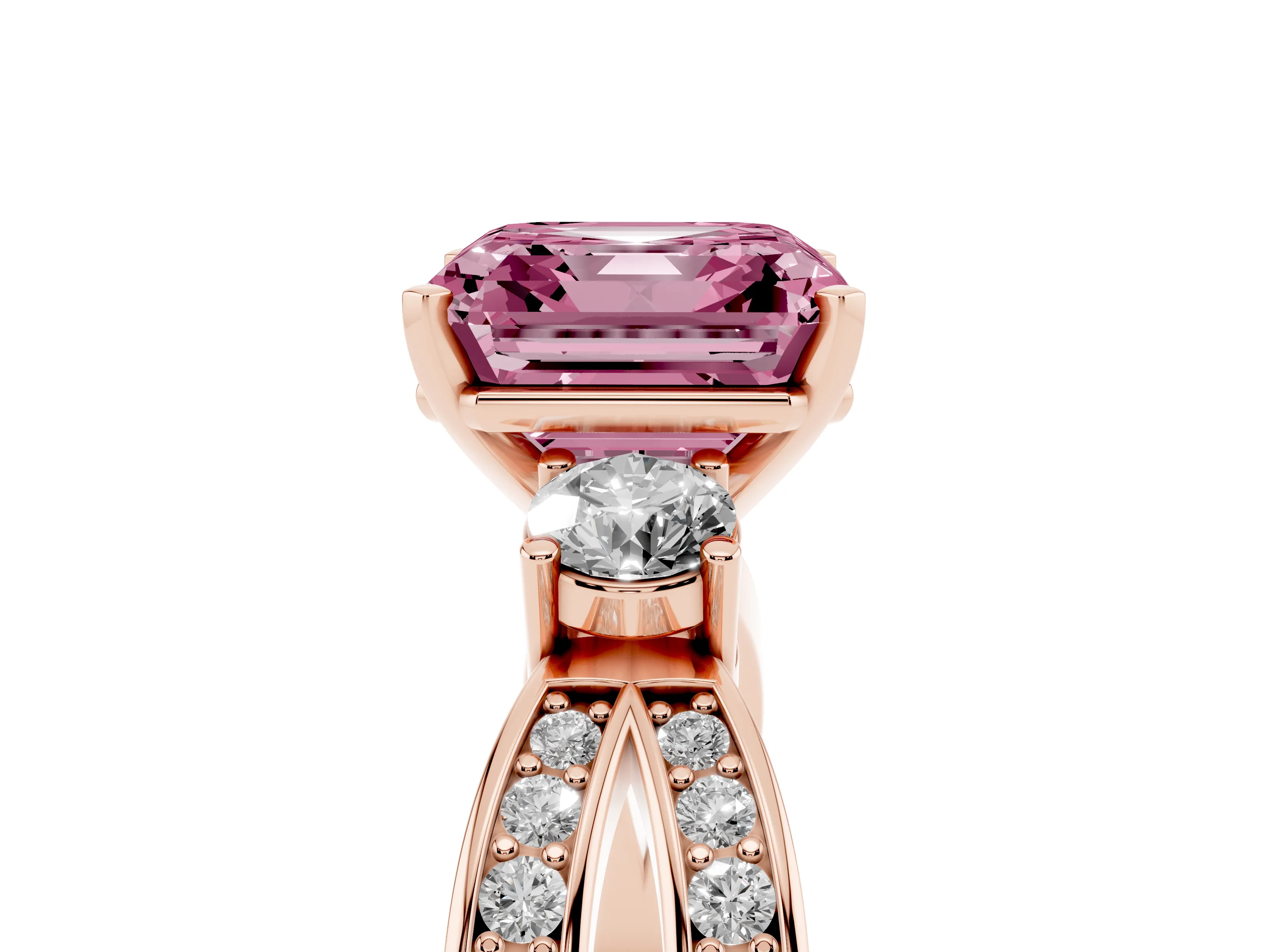 Fancy Pink Three-Stone Asscher Cut Diamond Twist Band Ring Set in Rose gold with Pavé Accents and Prong Setting