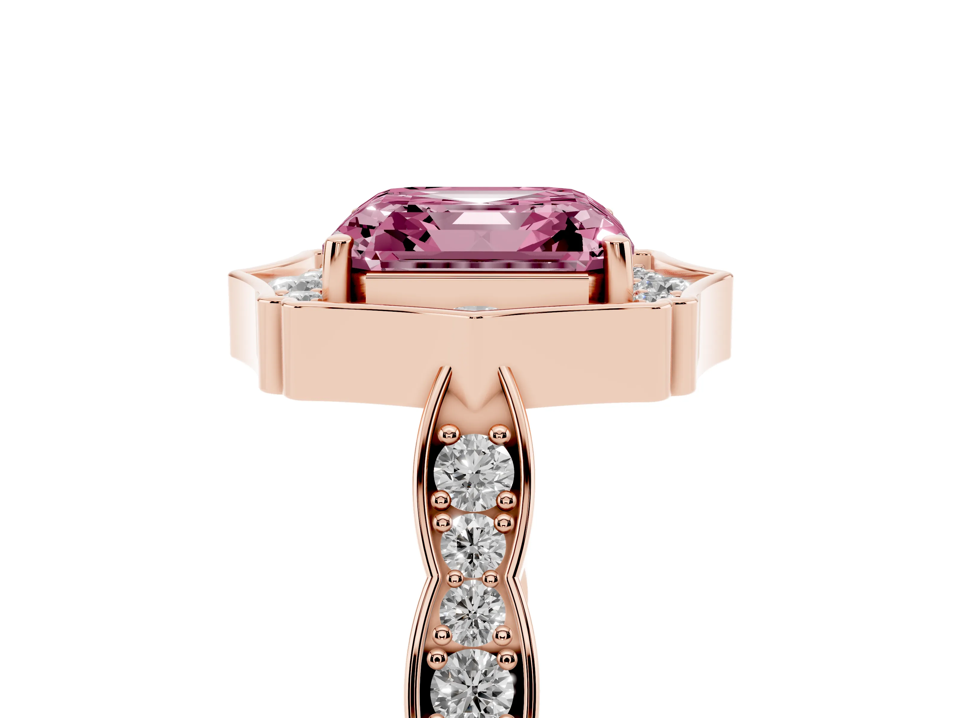 Fancy Pink Asscher Cut Diamond Halo Engagement Ring Set in Rose gold with Milgrain Band and Prong Setting