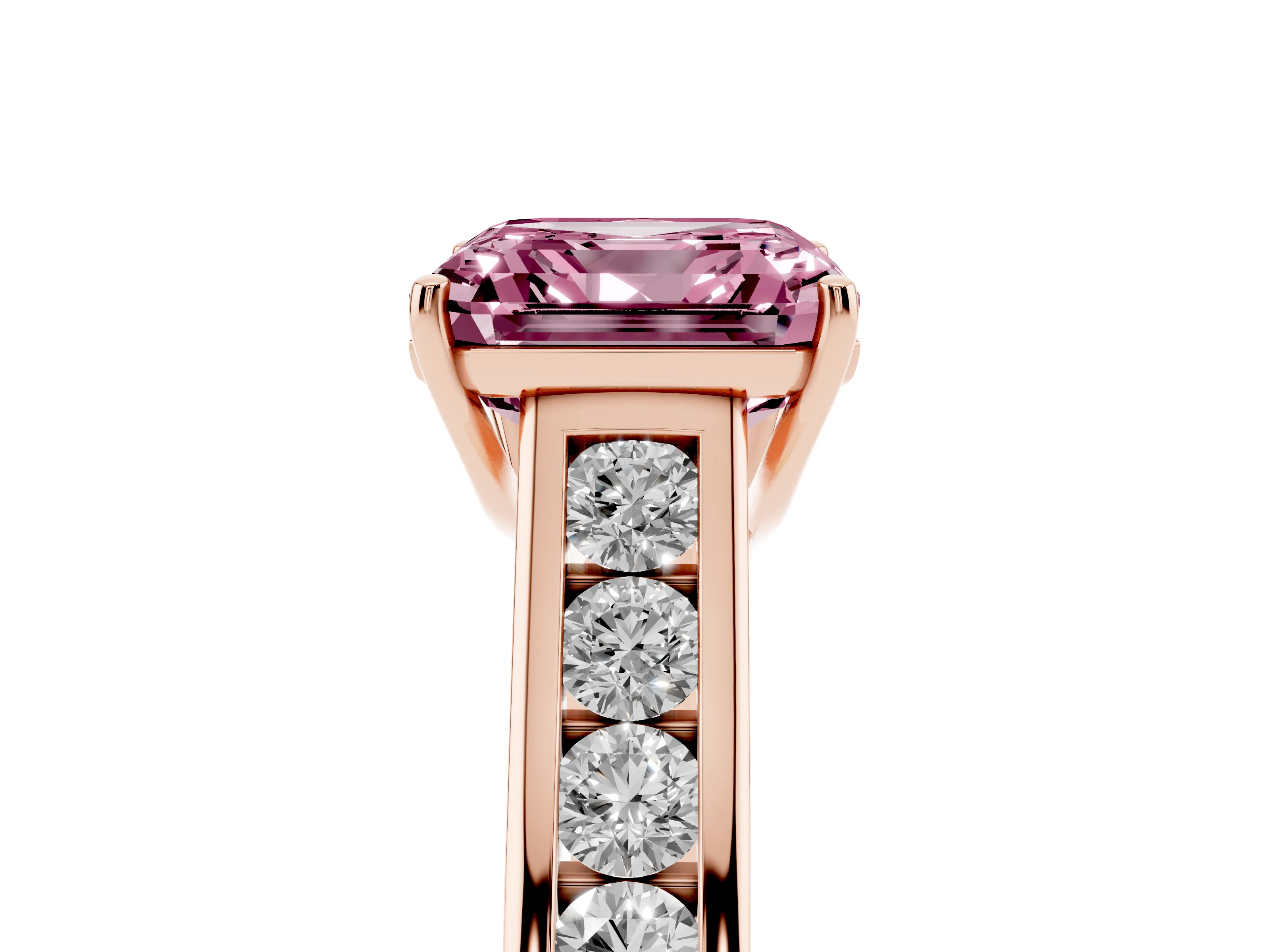 Fancy Pink Asscher Cut Diamond Brilliant Channel-Set Solitaire Ring Set in Rose gold with Prong Setting