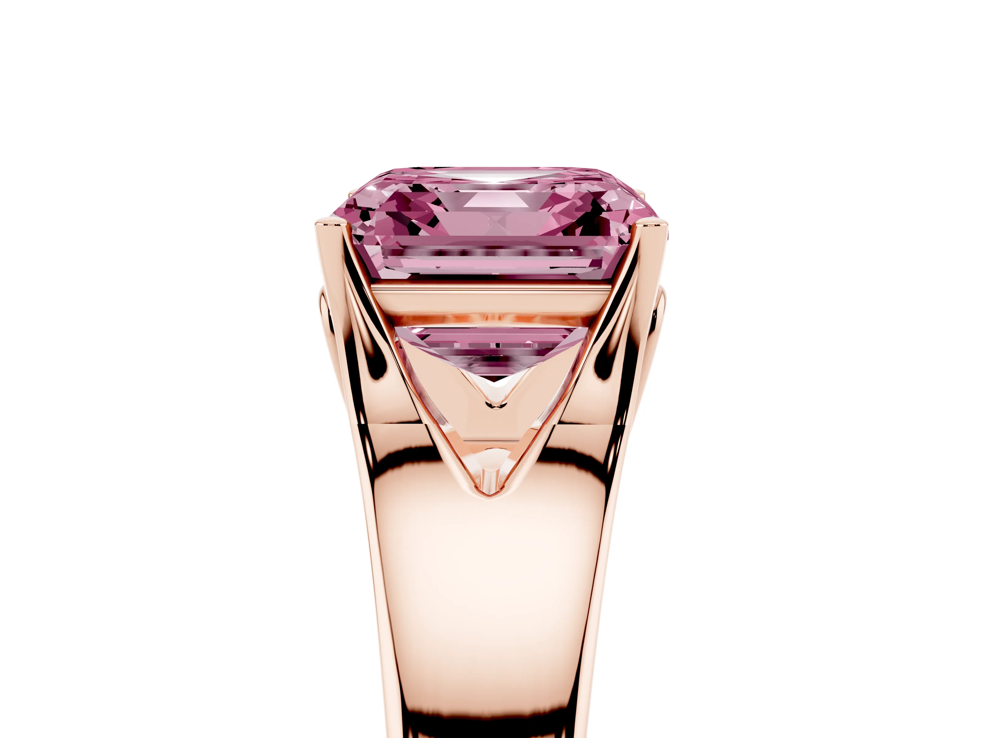 Fancy Pink Asscher Cut Diamond Solitaire Ring Set in Rose gold with Arched Cathedral Band and Prong Setting