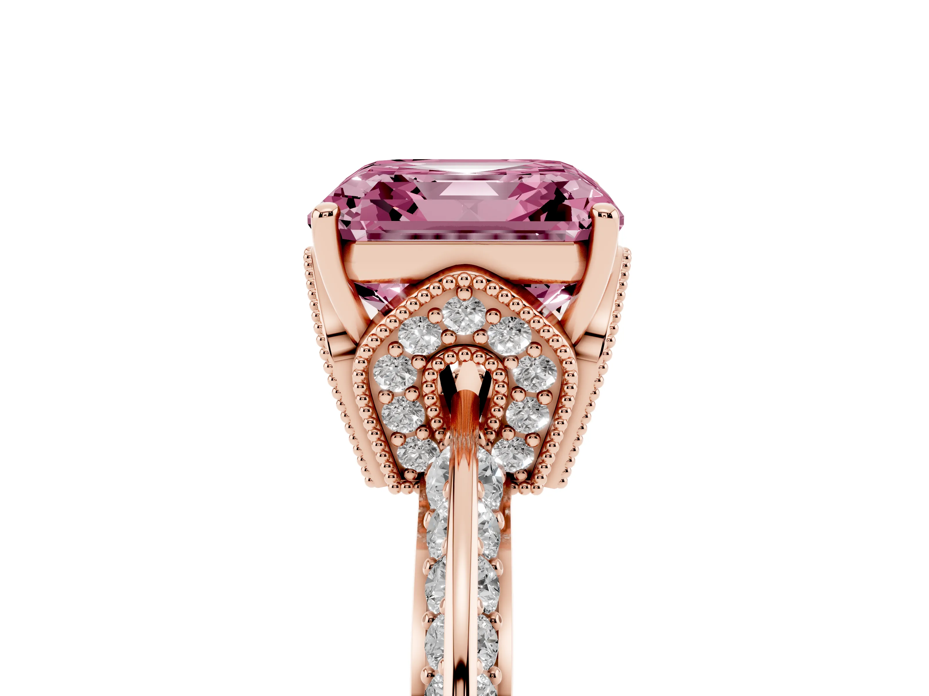Fancy Pink Asscher Cut Diamond Solitaire Engagement Ring Set in Rose gold with Pavé Split Shank and Prong Setting