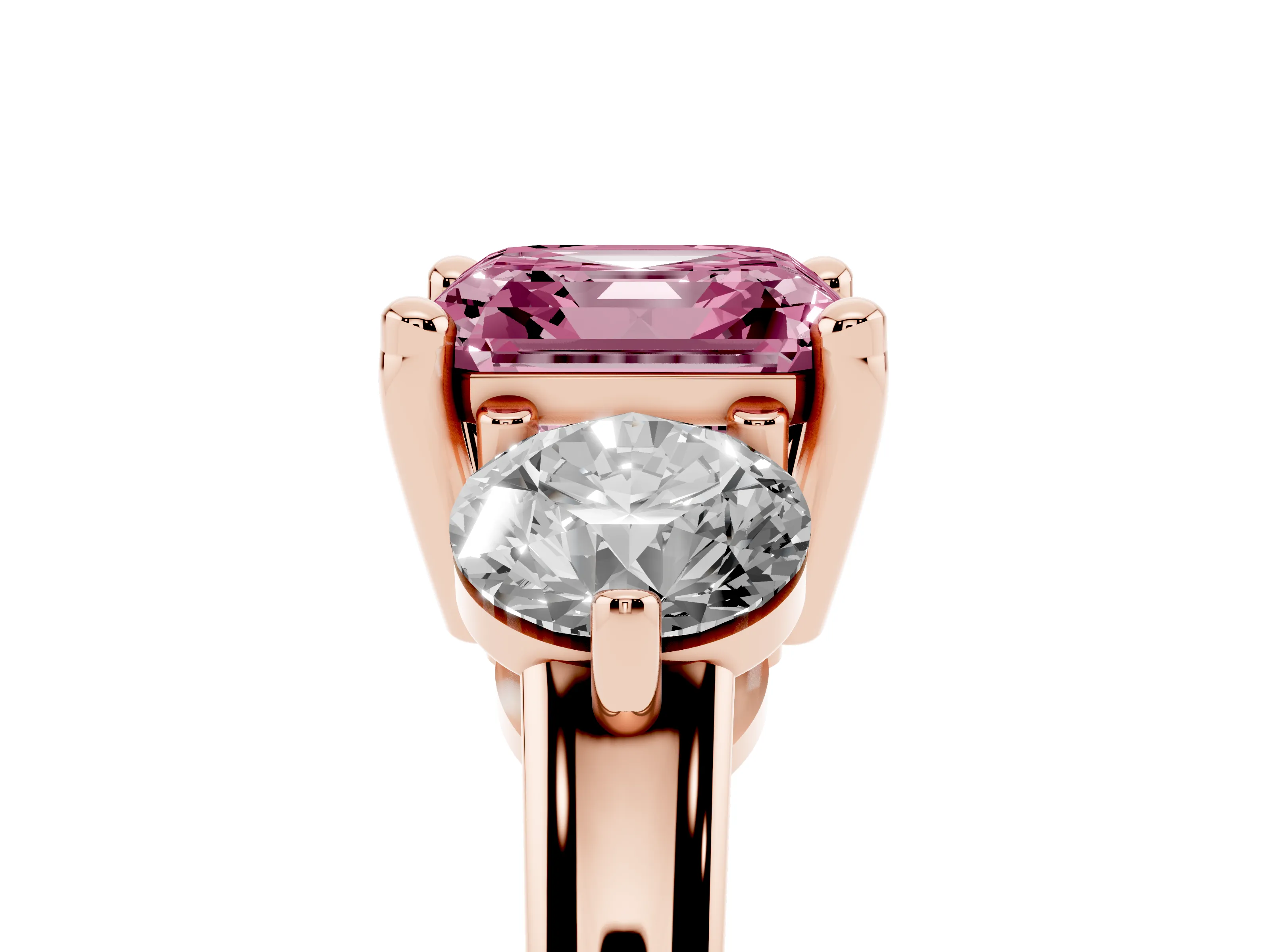 Fancy Pink Asscher Cut Diamond Three-Stone Ring Set in Rose gold with Prong Setting and Classic Band