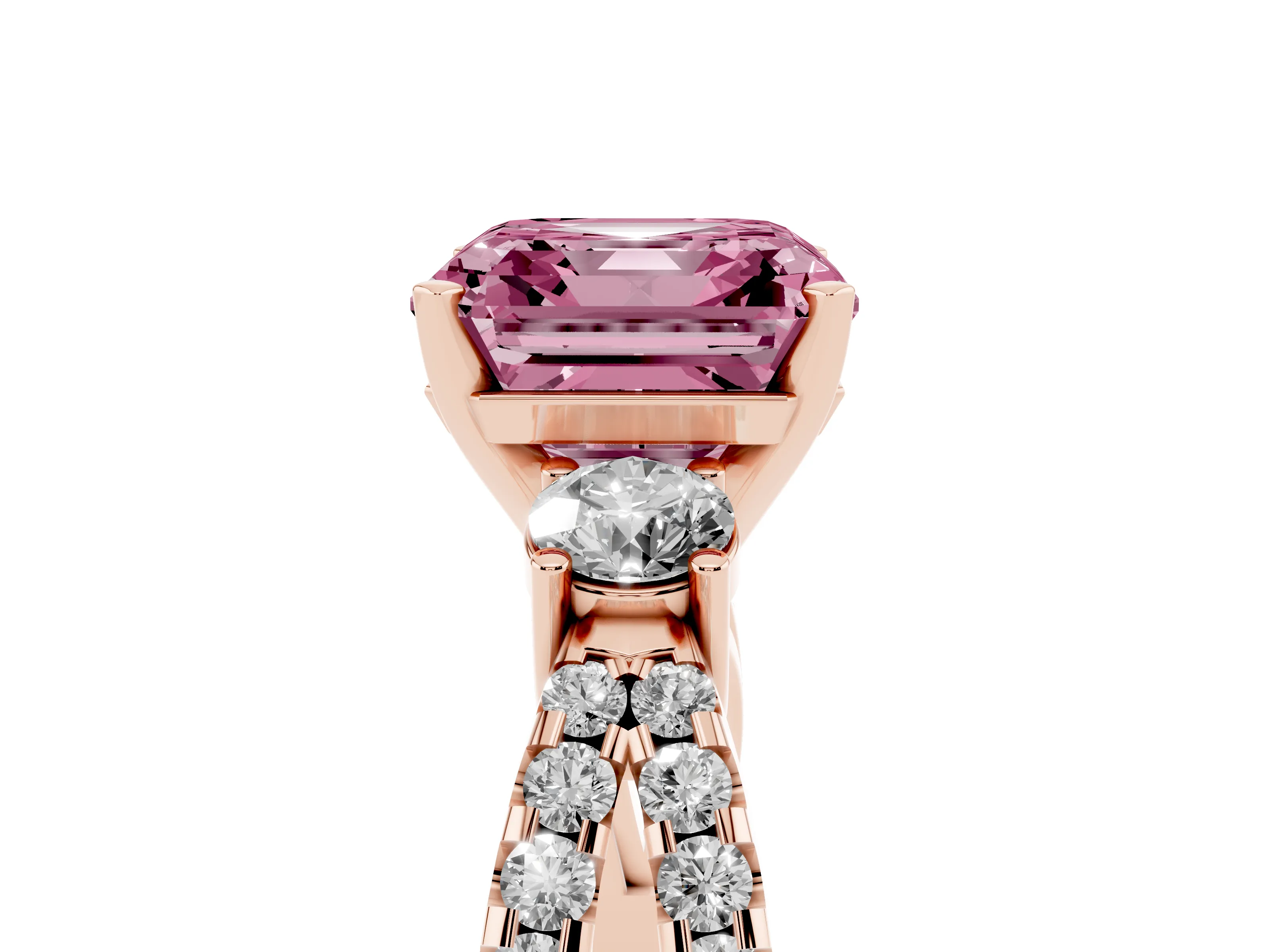 Fancy Pink Asscher Cut Diamond Three-Stone Ring Set in Rose gold with Pavé Split Shank and Prong Setting