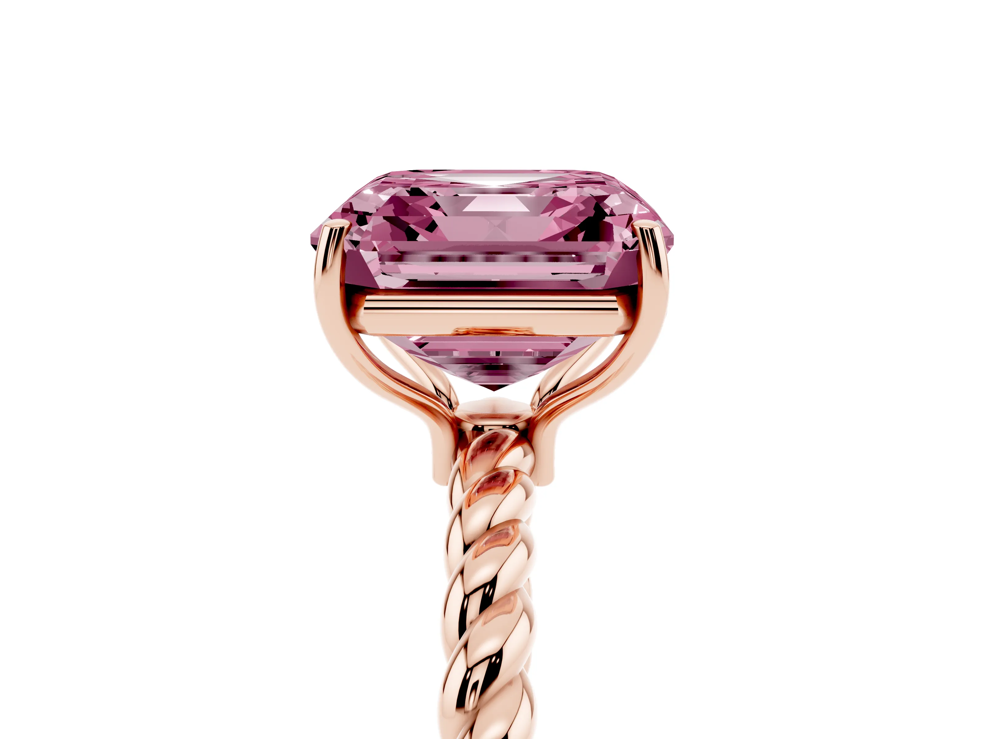 Fancy Pink Asscher Cut Diamond Solitaire Ring Set in Rose gold with Twist Band and Prong Setting