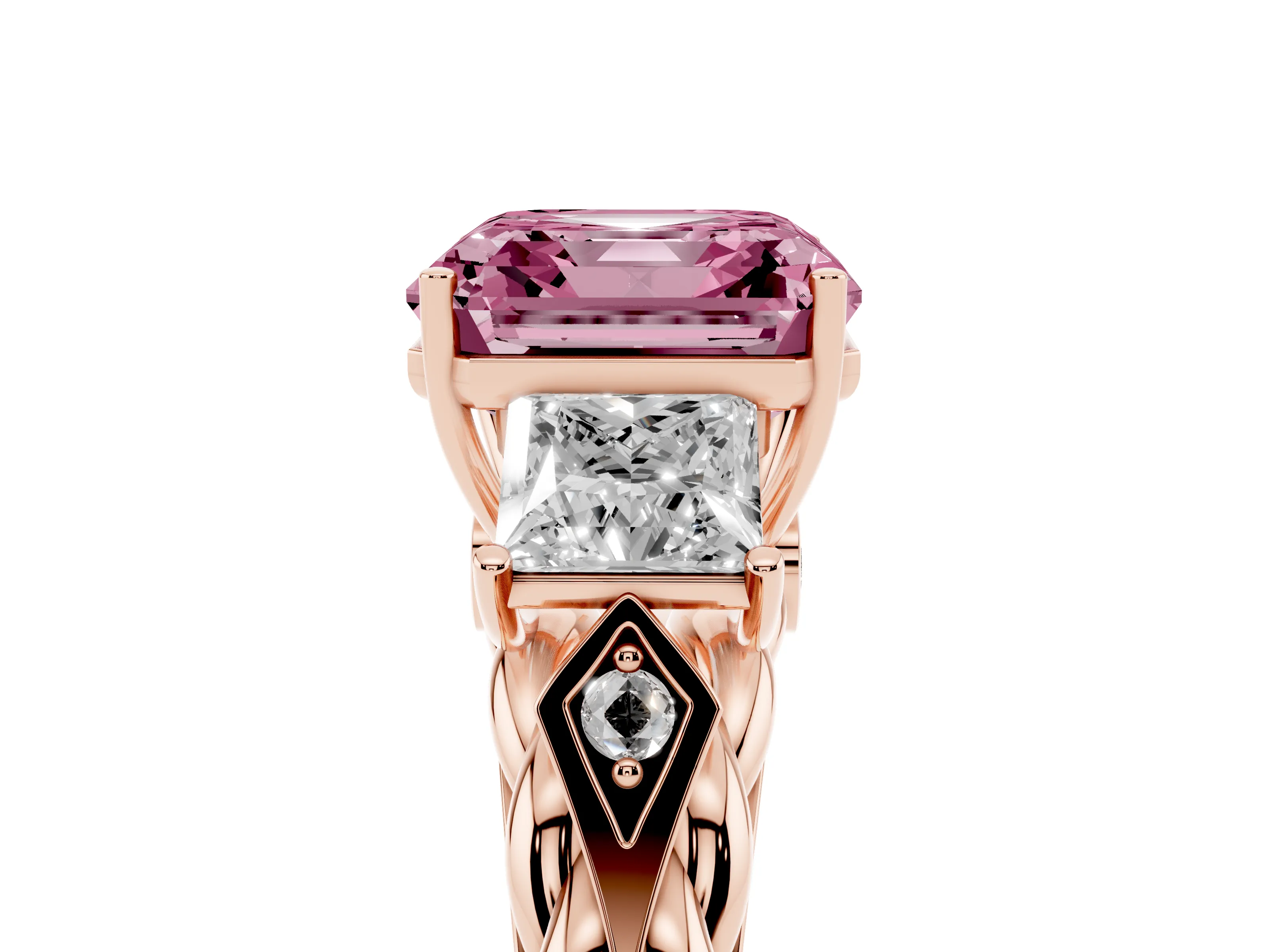 Fancy Pink Asscher Cut Diamond Three-Stone Ring Set in Rose gold with Braided Band