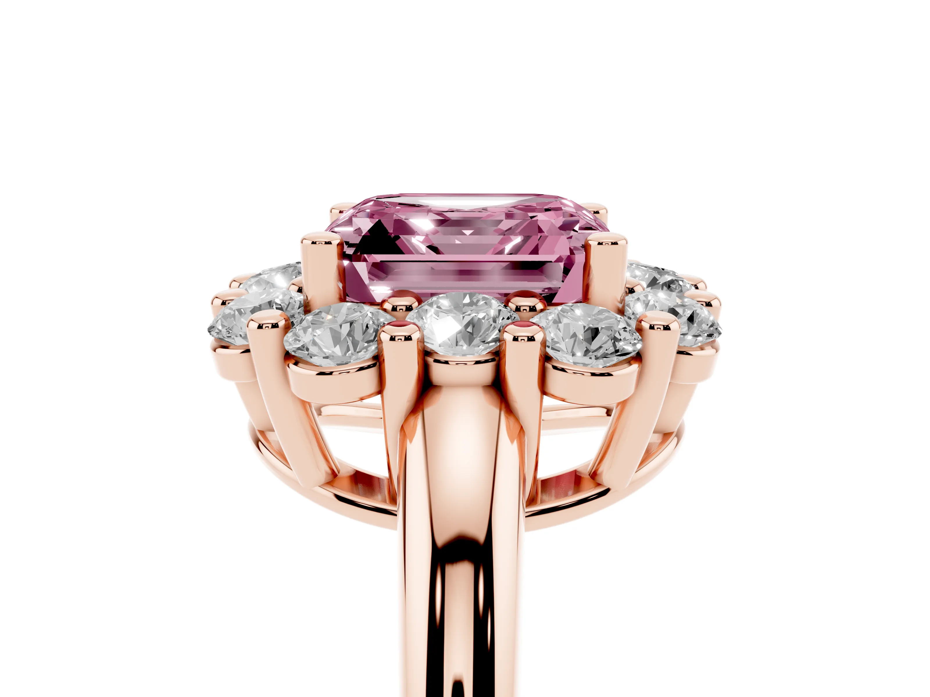 Fancy Pink Asscher Cut Diamond Halo Cluster Engagement Ring Set in Rose gold with Polished Band and Prong Setting