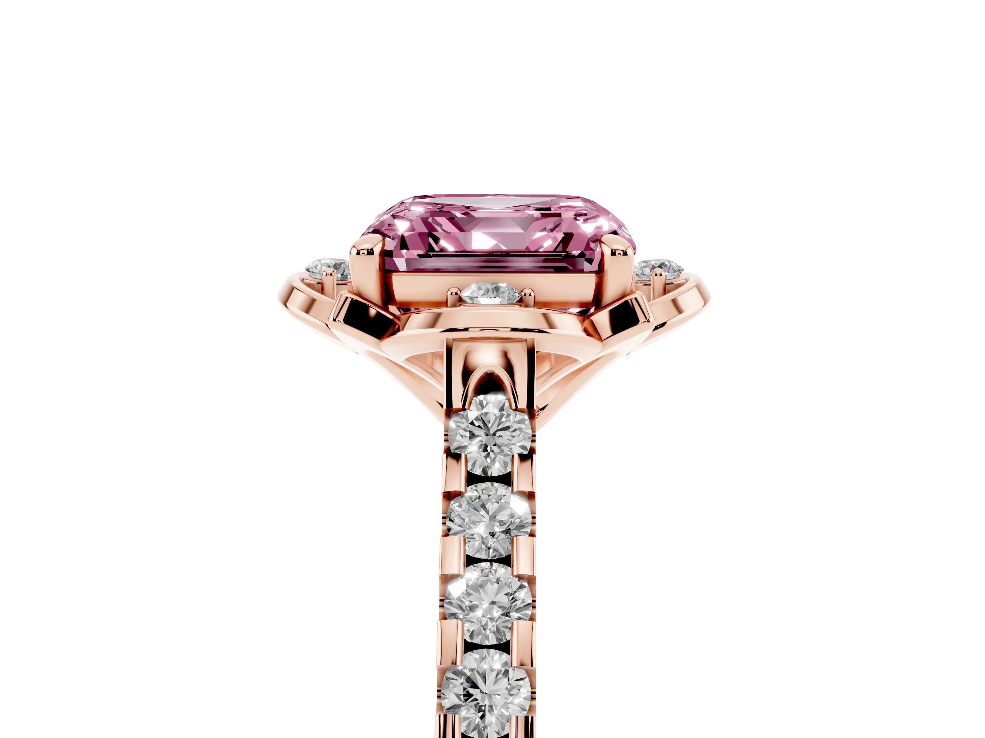 Fancy Pink Asscher Cut Diamond Solitaire Ring Set in Rose gold with Pavé Band and Floral Prong Setting