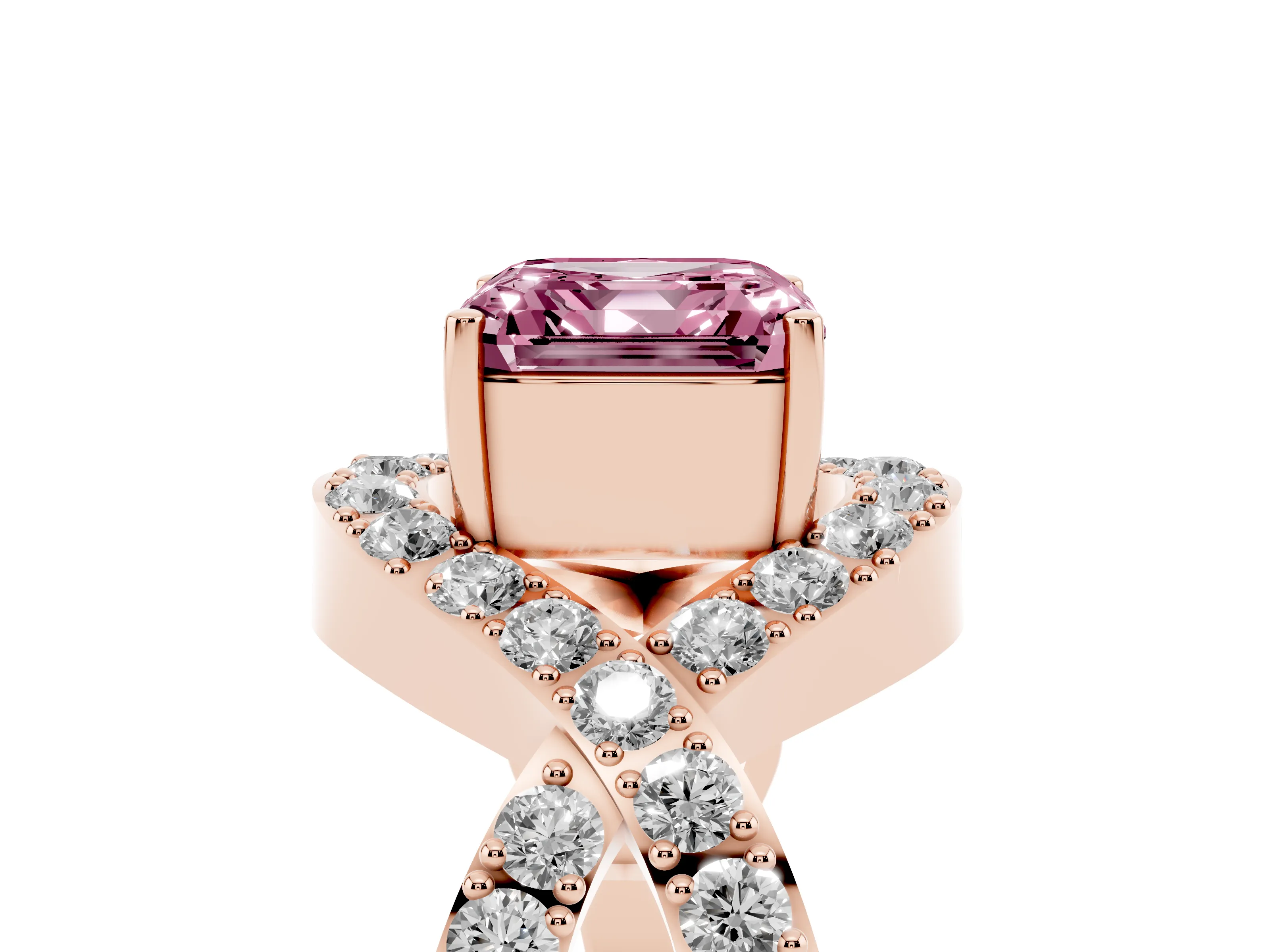 Fancy Pink Asscher Cut Diamond Solitaire Twist Band Pavé Engagement Ring Set in Rose gold