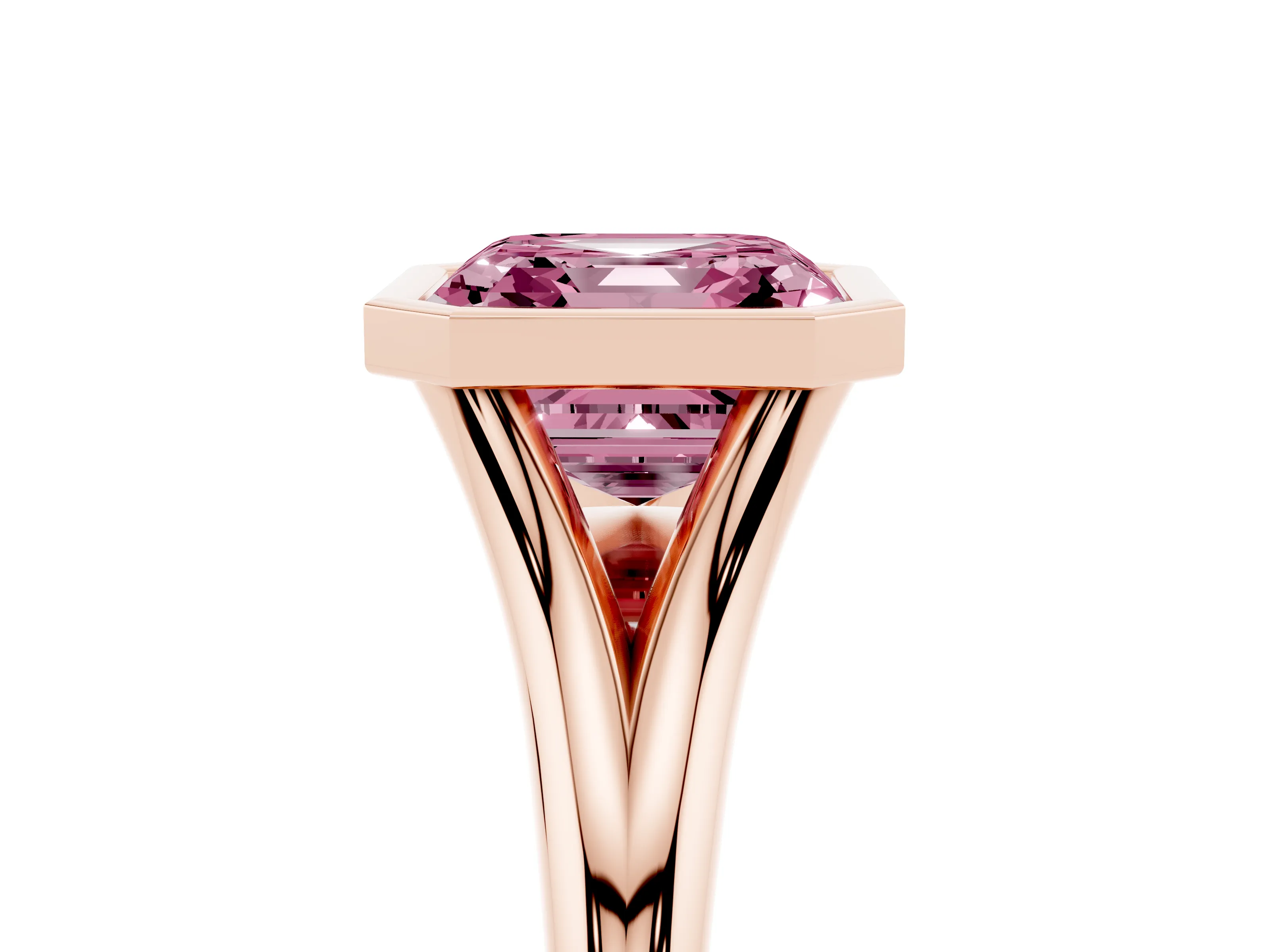 Fancy Pink Bezel Set Asscher Cut Diamond Solitaire Ring Set in Rose gold with Tapered Band