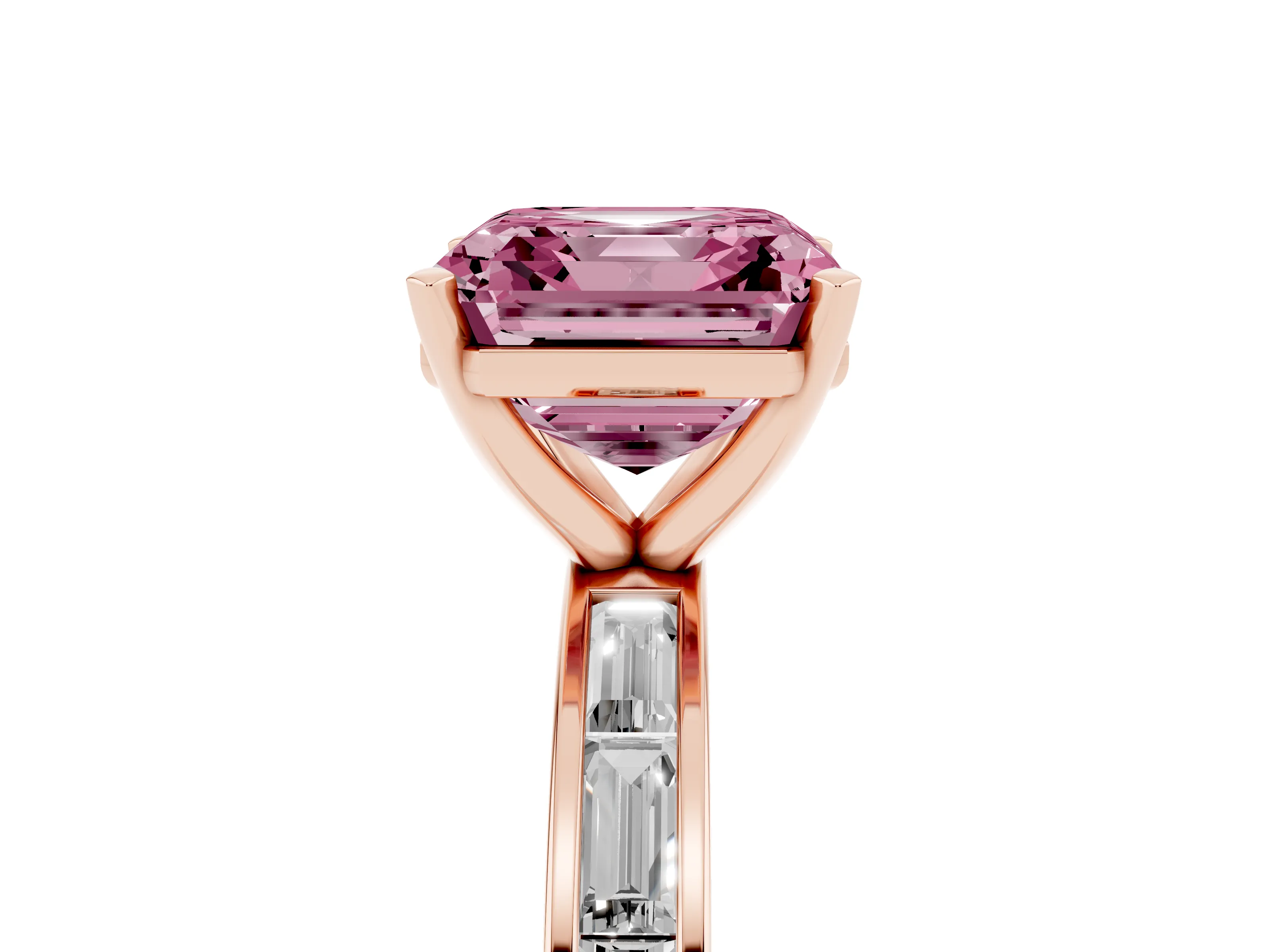 Fancy Pink Asscher Cut Diamond Solitaire Ring Set in Rose gold with Channel-Set Baguette Band and Prong Setting