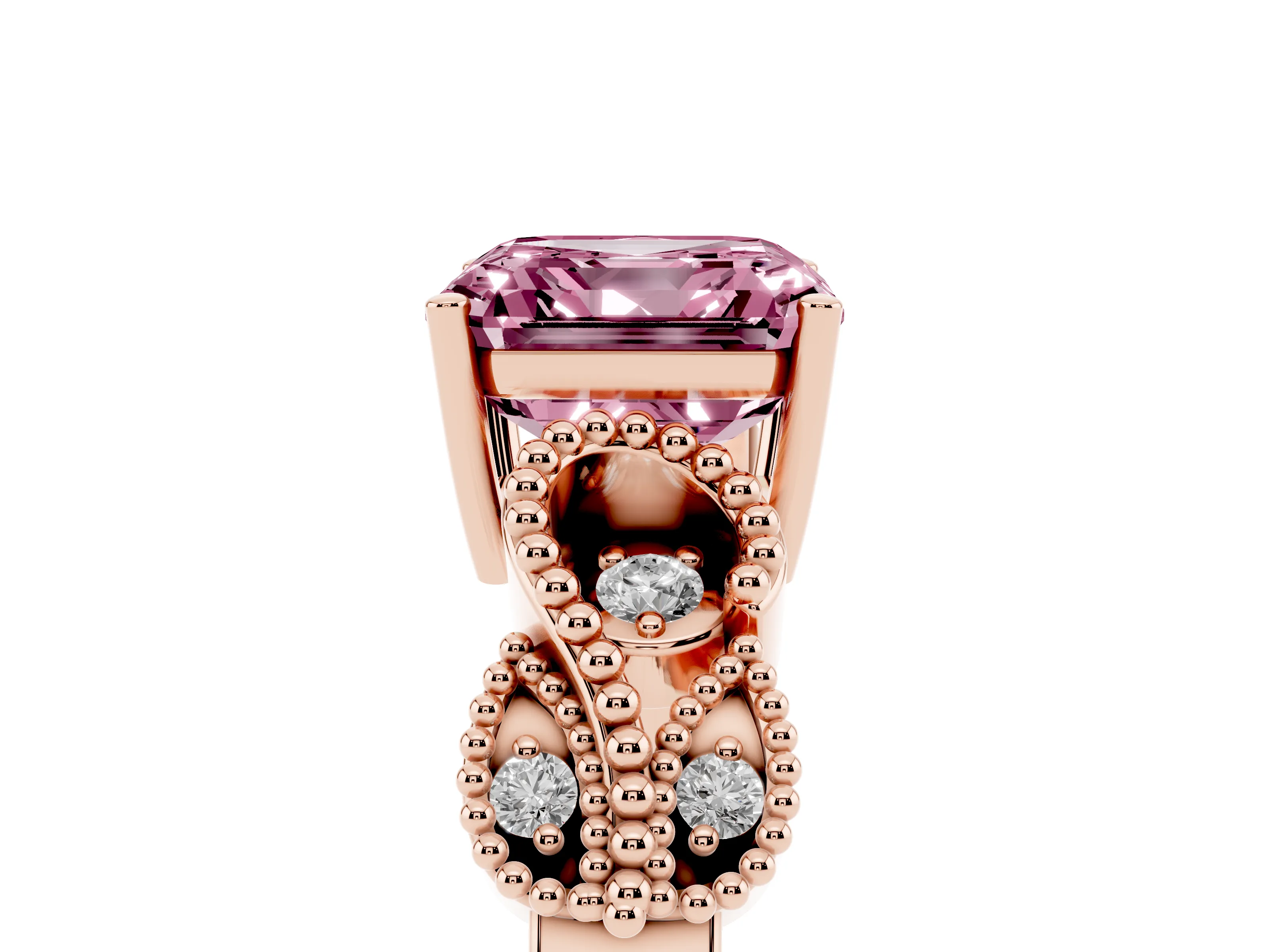Fancy Pink Asscher Cut Diamond Milgrain Leaf Band Solitaire Ring Set in Rose gold with Accent Stones and Prong Setting