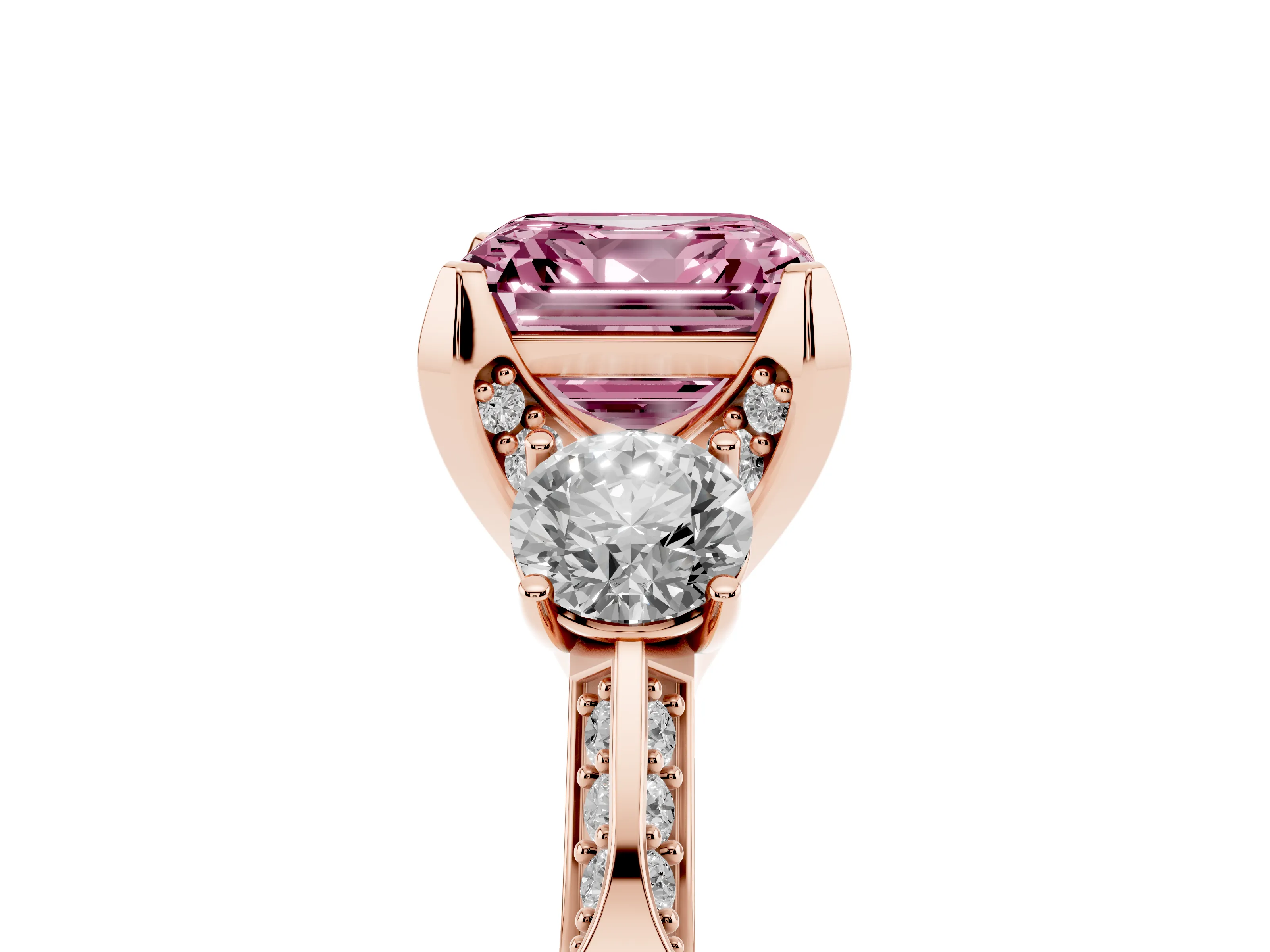 Fancy Pink Asscher Cut Diamond Three-Stone Ring Set in Rose gold with Pavé Band and Smaller Side Stones