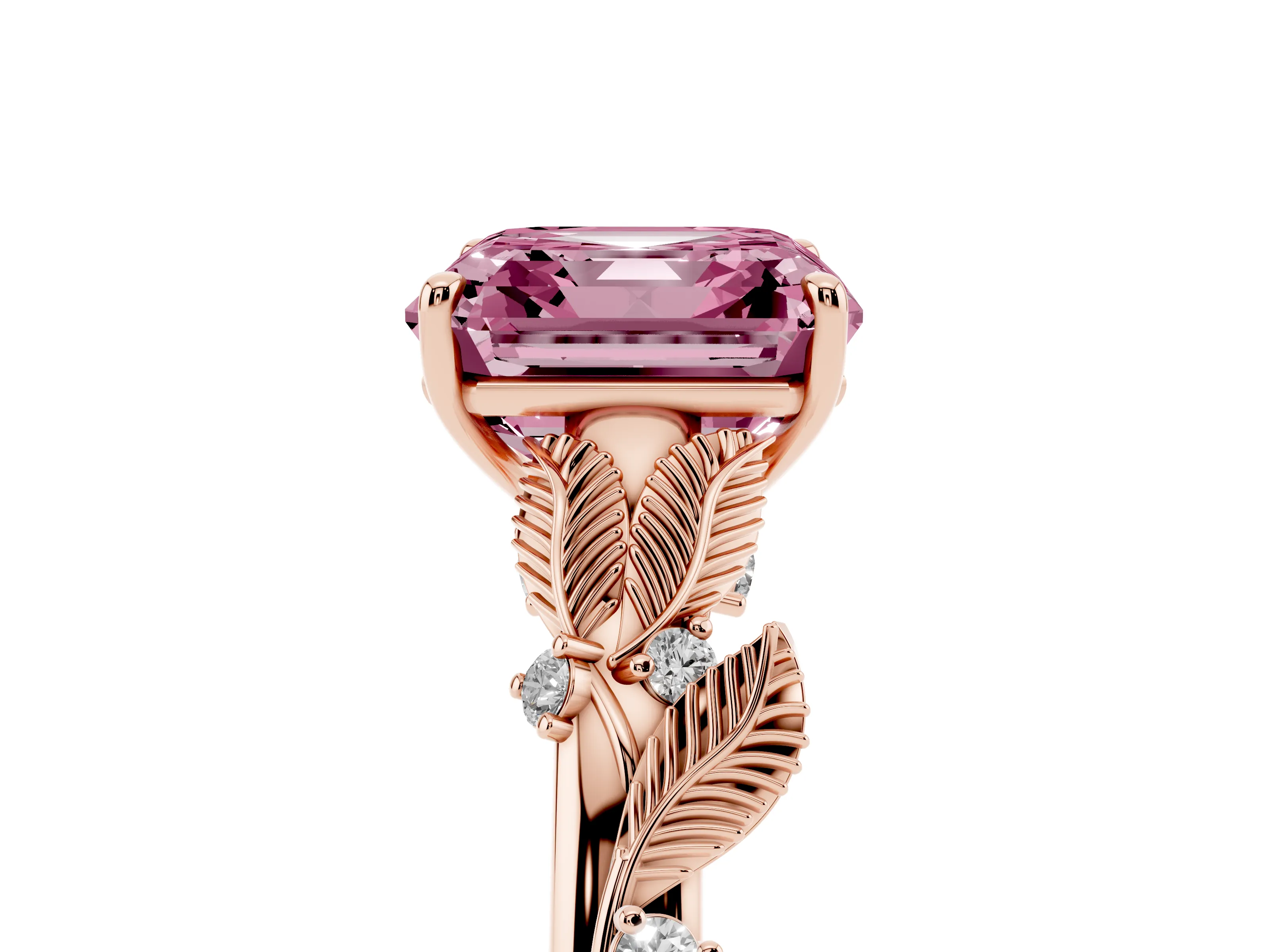 Fancy Pink Asscher Cut Diamond Solitaire Ring Set in Rose gold with Leaf Motif Band