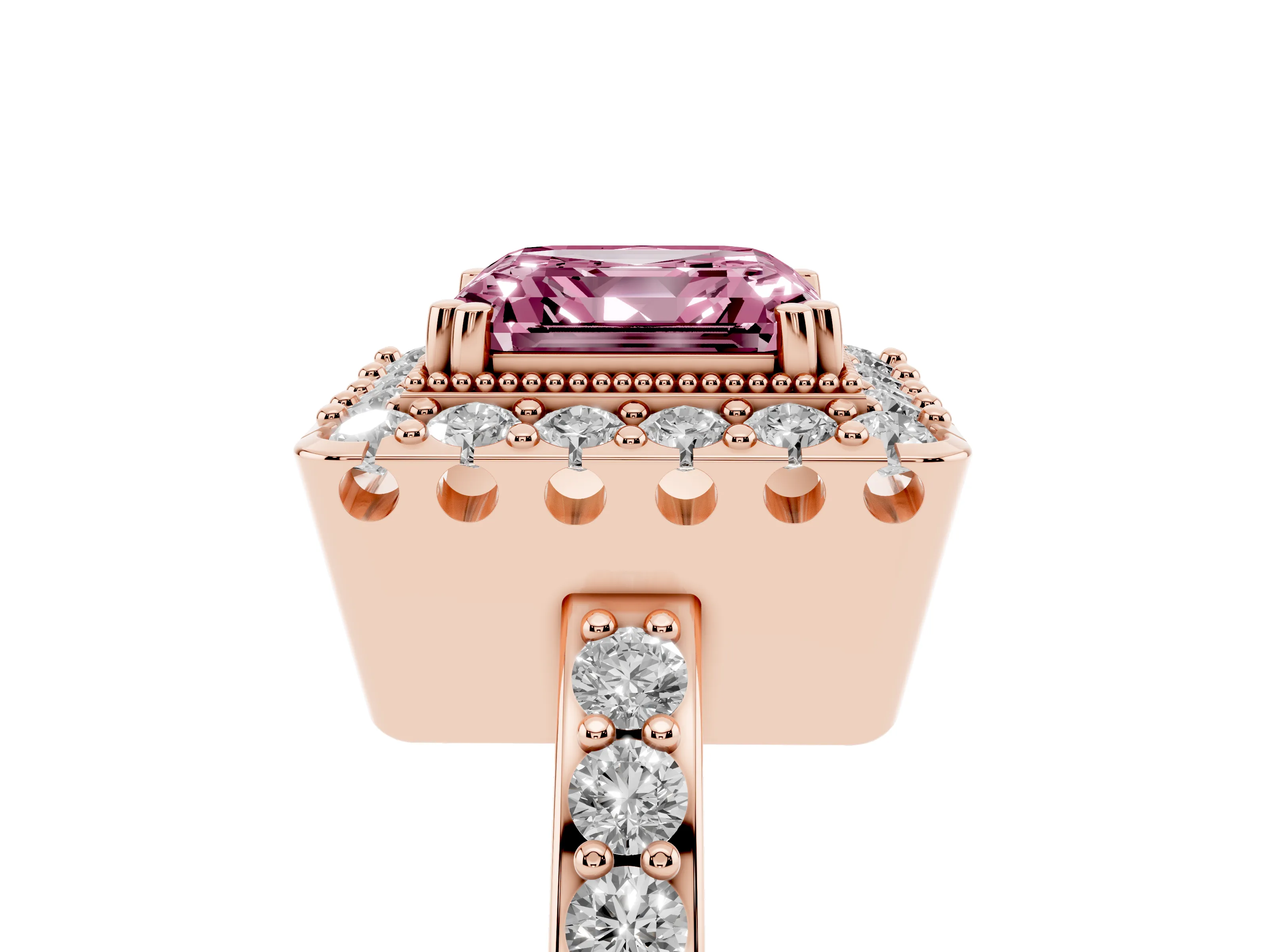 Fancy Pink Asscher Cut Diamond Halo Ring Set in Rose gold with Pavé Shank and Prong Setting