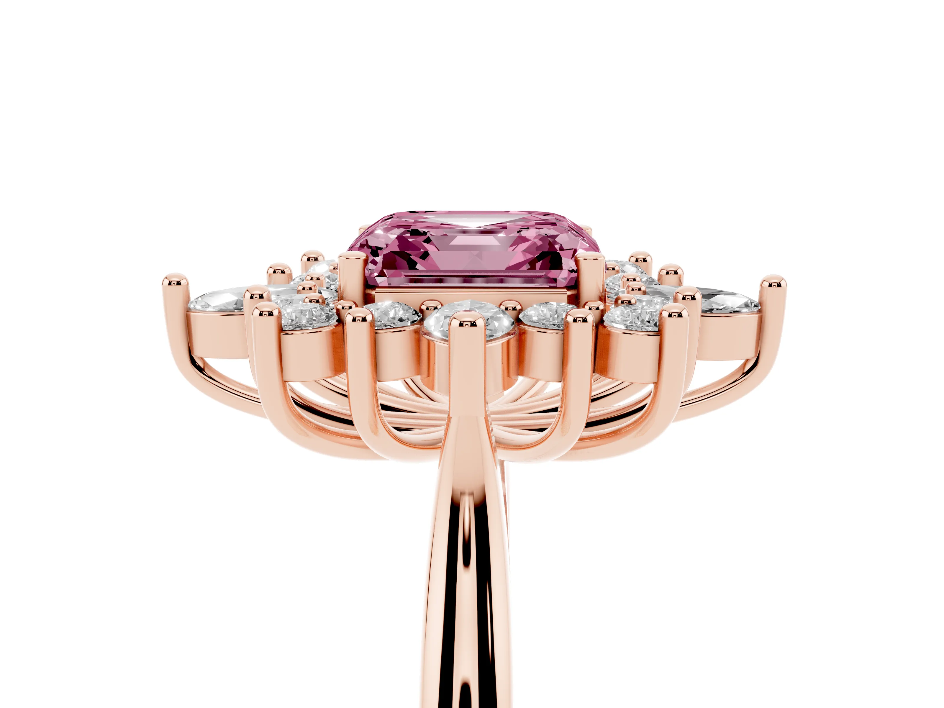 Fancy Pink Asscher Cut Diamond Cluster Halo Ring Set in Rose gold with Marquise and Round Accents