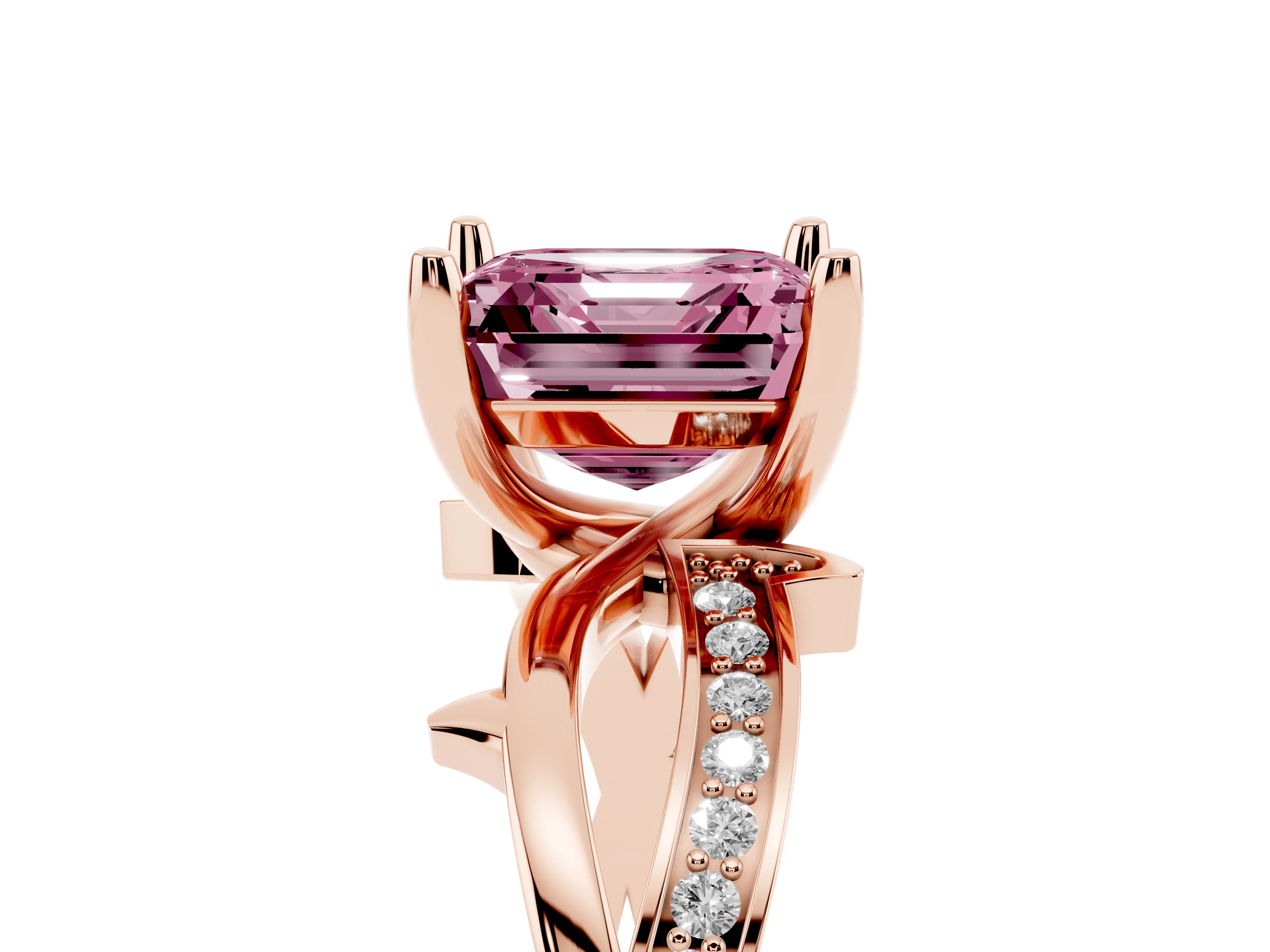 Fancy Pink Asscher Cut Diamond Pavé Twist Band Solitaire Ring Set in Rose gold with Prong Setting
