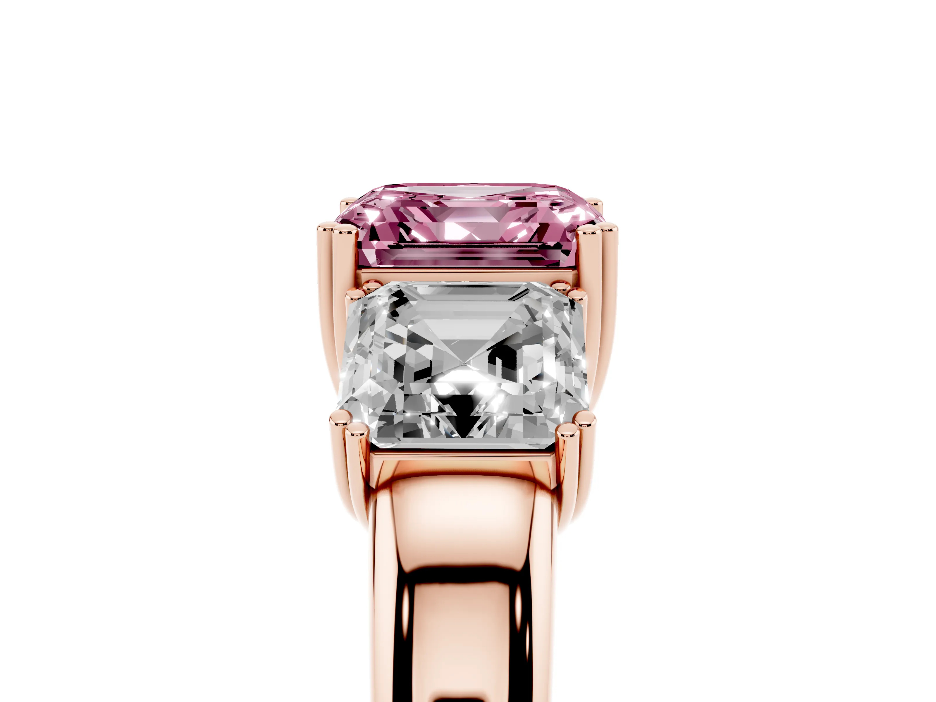 Fancy Pink Asscher Cut Diamond Three-Stone Ring Set in Rose gold with Polished Band and Prong Setting