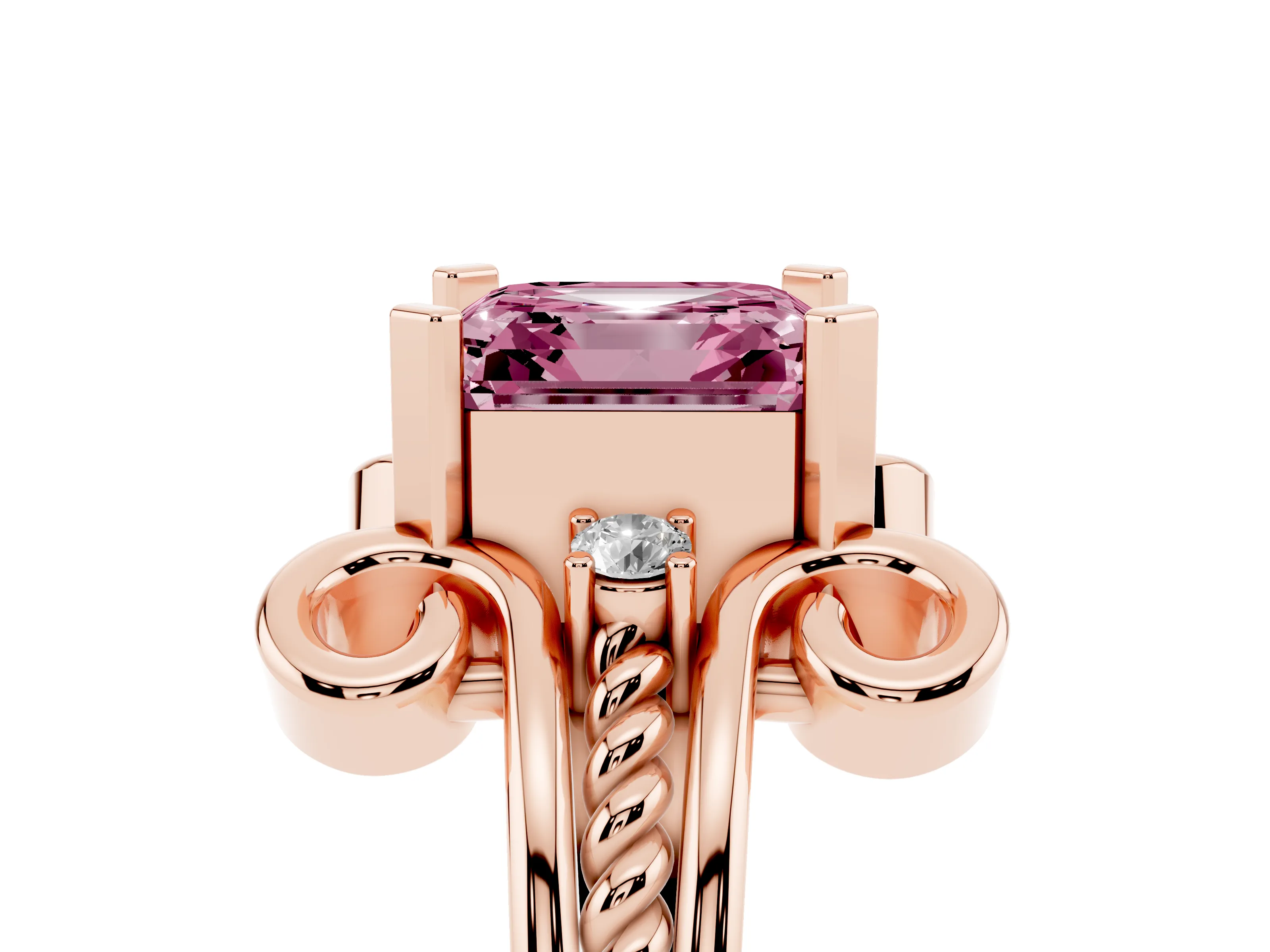 Fancy Pink Asscher Cut Diamond Twisted Band Solitaire Ring Set in Rose gold with Scroll Prongs