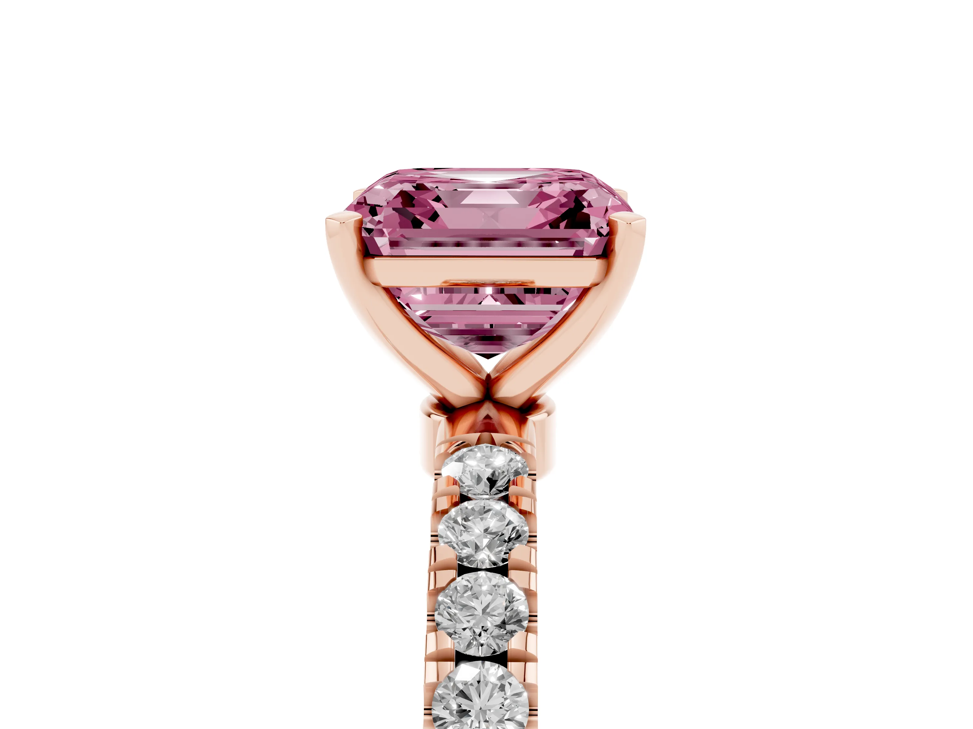 Fancy Pink Asscher Cut Diamond Solitaire Ring Set in Rose gold with Pavé Accents and Prong Setting