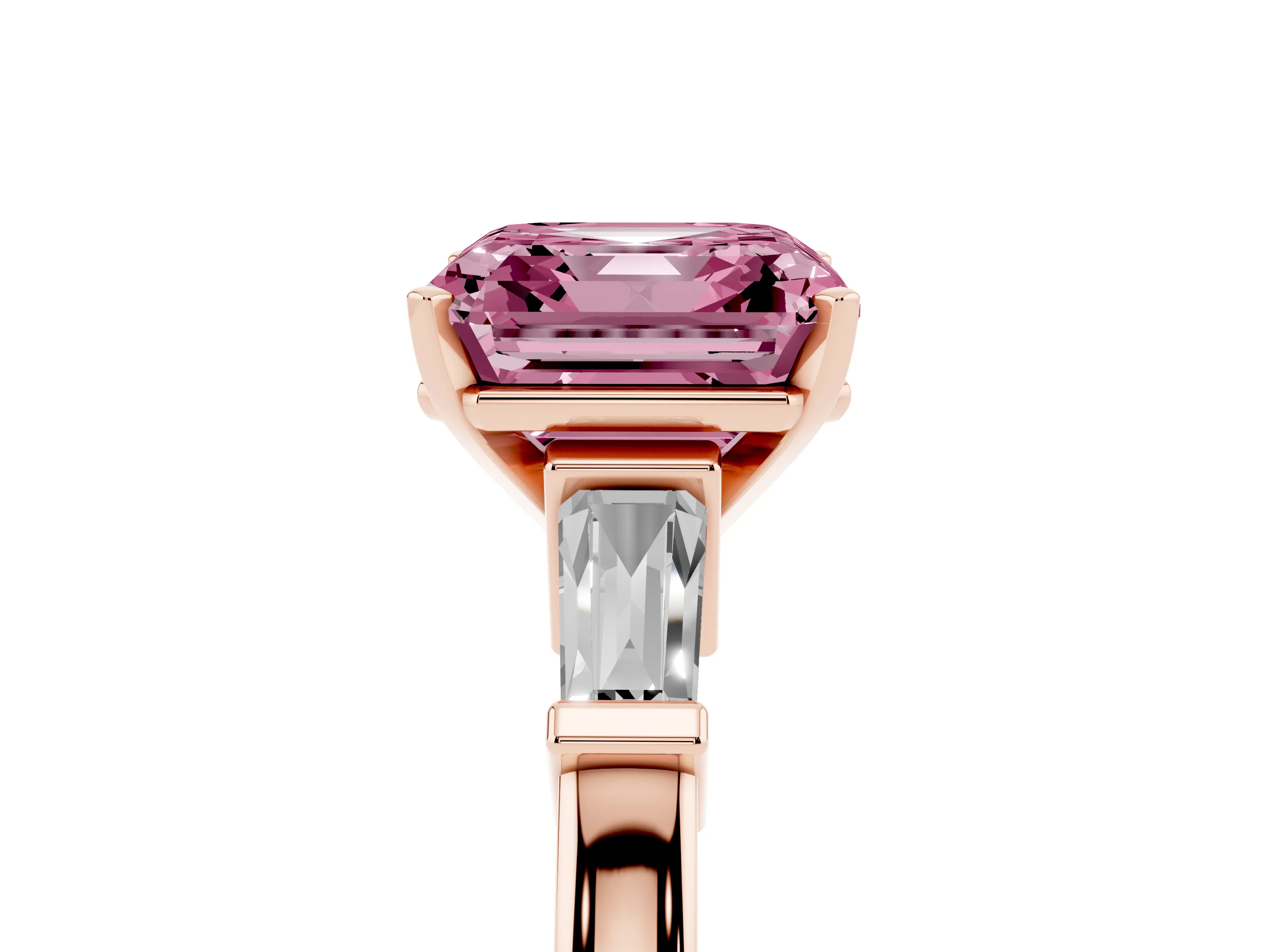 Fancy Pink Asscher Cut Diamond Solitaire Ring Set in Rose gold with Tapered Baguette Accents and Prong Setting