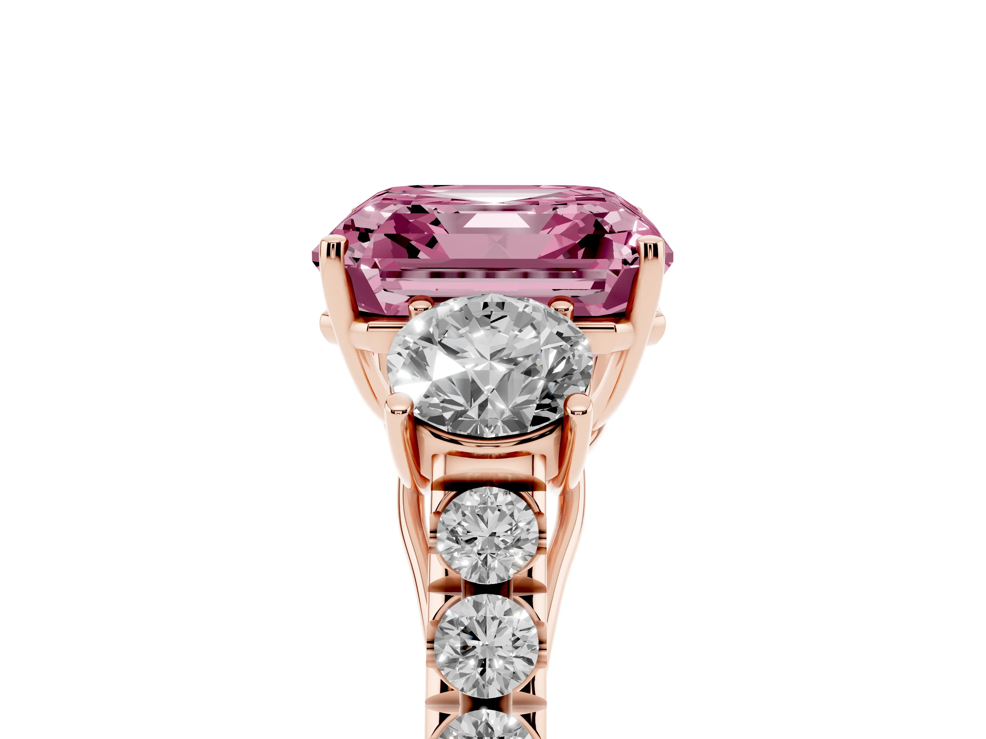 Fancy Pink Asscher Cut Diamond Three-Stone Ring Set in Rose gold with Round Side Stones and Delicate Pavé Band