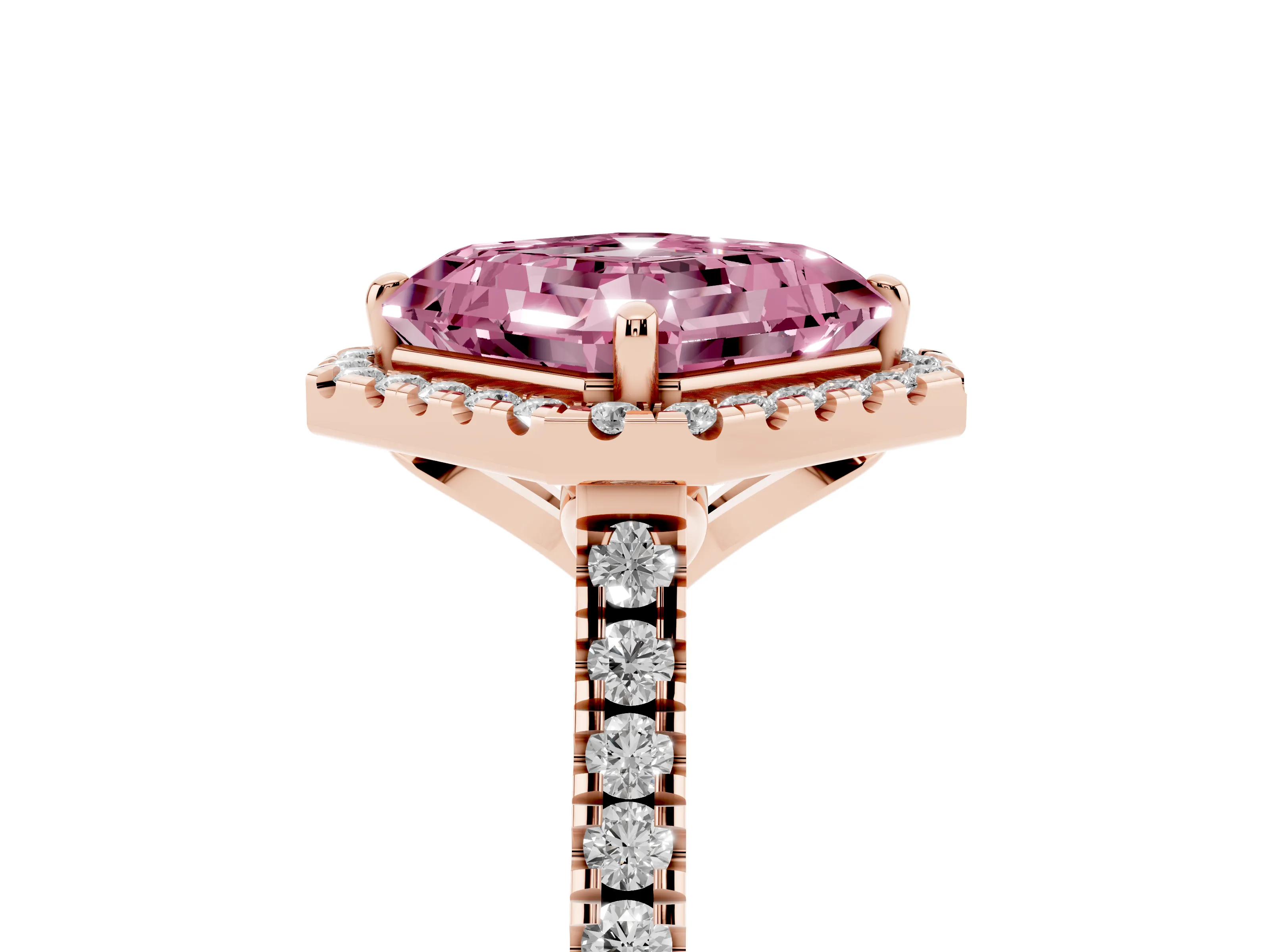 Fancy Pink Asscher Cut Diamond Cushion Halo Ring Set in Rose gold with Pavé Band