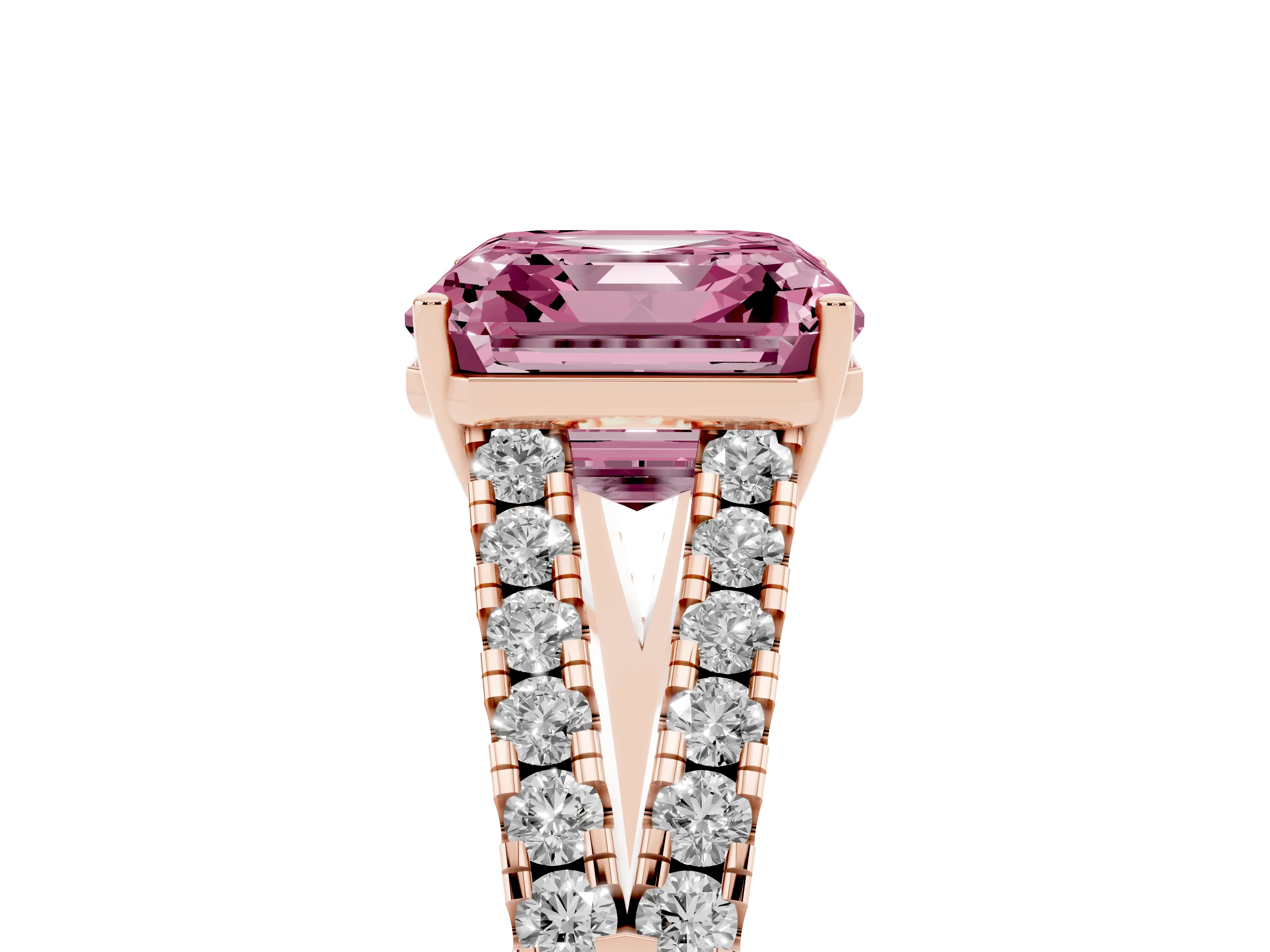 Fancy Pink Asscher Cut Diamond Split Shank Engagement Ring Set in Rose gold with Round Pavé and Prong Setting
