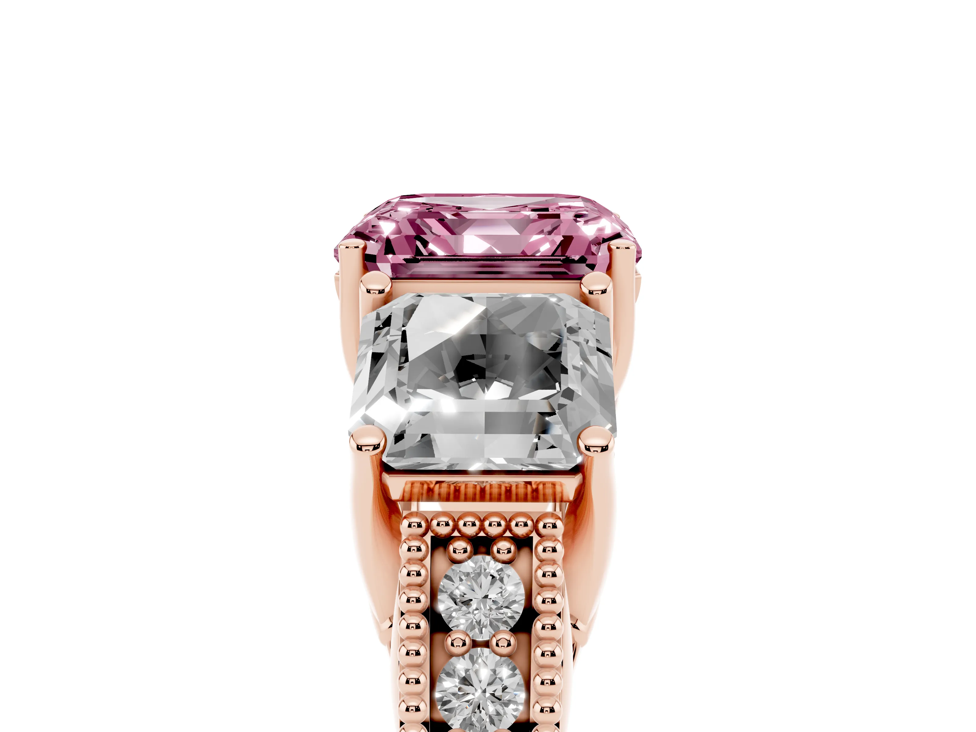 Fancy Pink Asscher Cut Diamond Three-Stone Engagement Ring Set in Rose gold with Milgrain Pavé Band