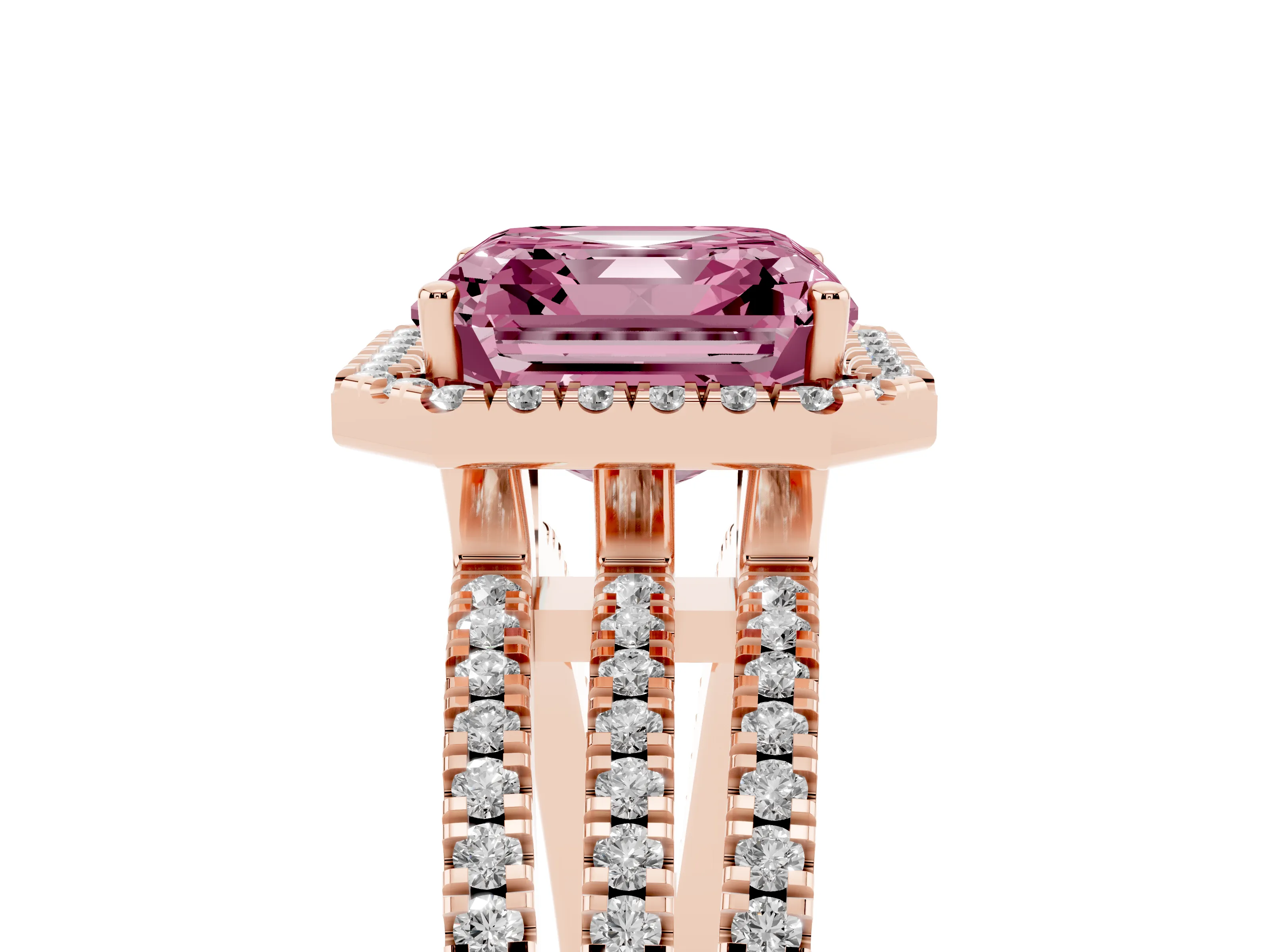 Fancy Pink Asscher Cut Diamond Halo Split Shank Engagement Ring Set in Rose gold with Prong Setting