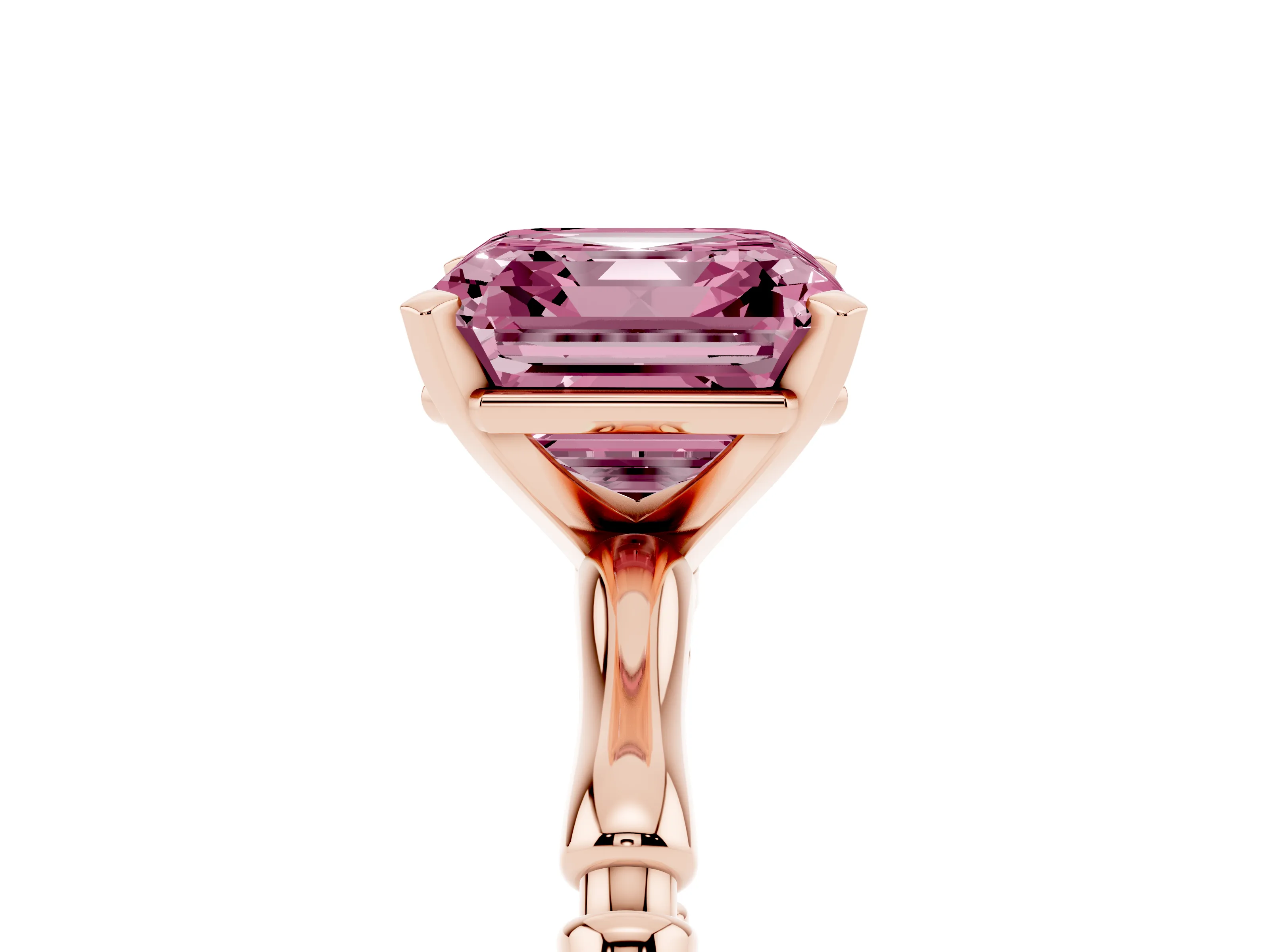 Fancy Pink Asscher Cut Diamond Solitaire Ring Set in Rose gold with Bamboo Band and Prong Setting