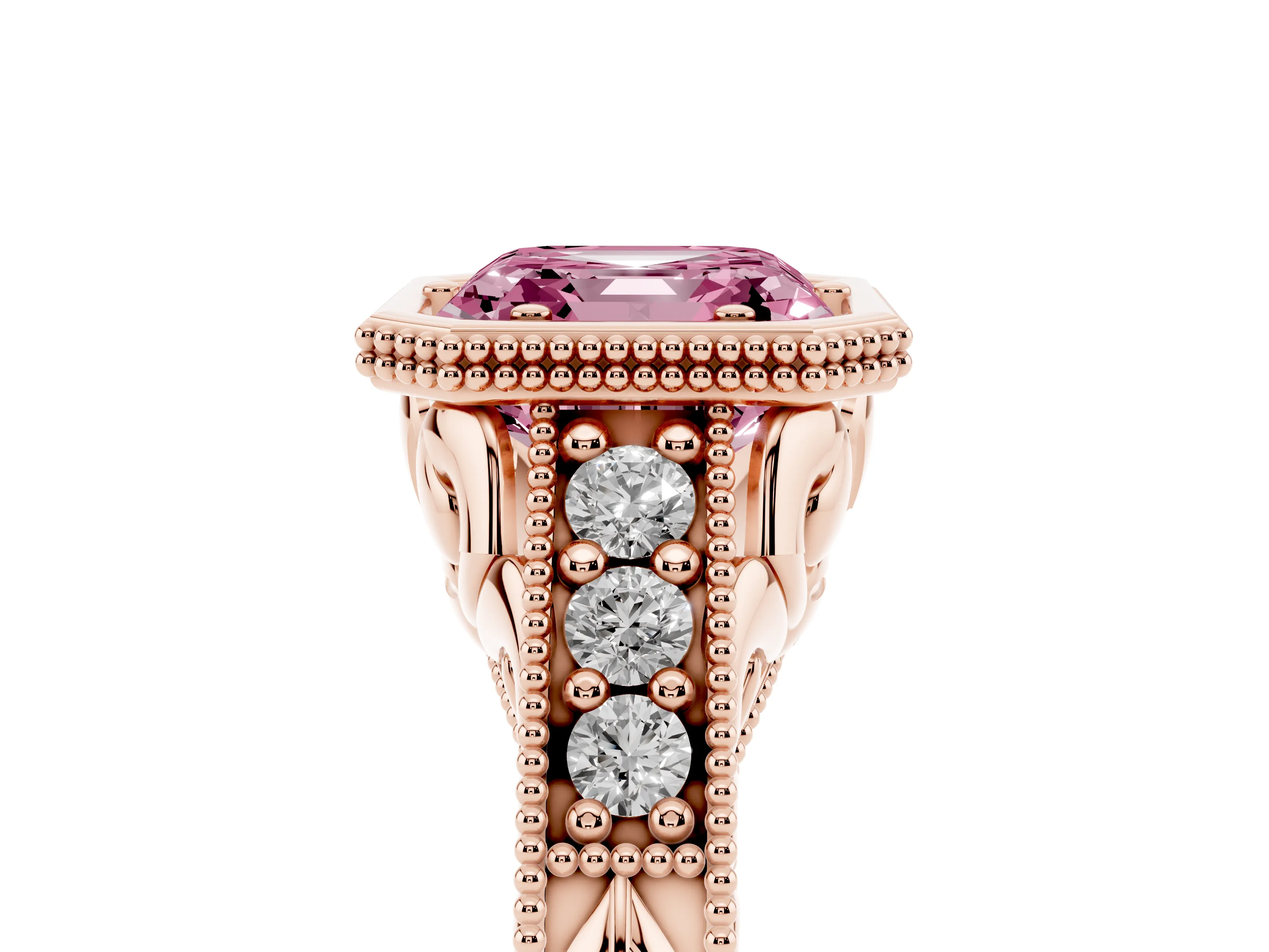Fancy Pink Bezel Set Asscher Cut Diamond Milgrain Pavé Engagement Ring Set in Rose gold