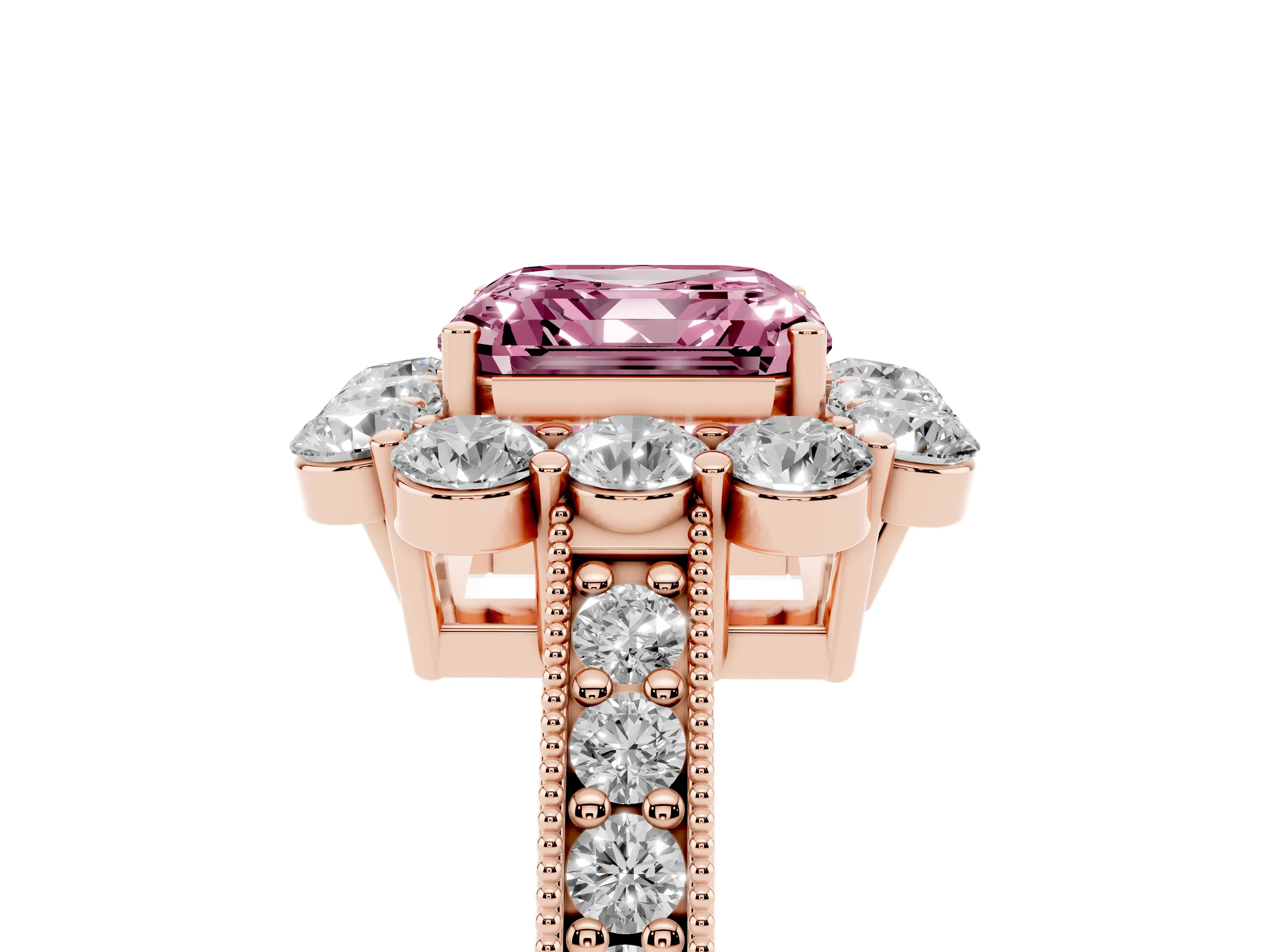 Fancy Pink Asscher Cut Diamond Halo Pavé Engagement Ring Set in Rose gold with Milgrain Detailing