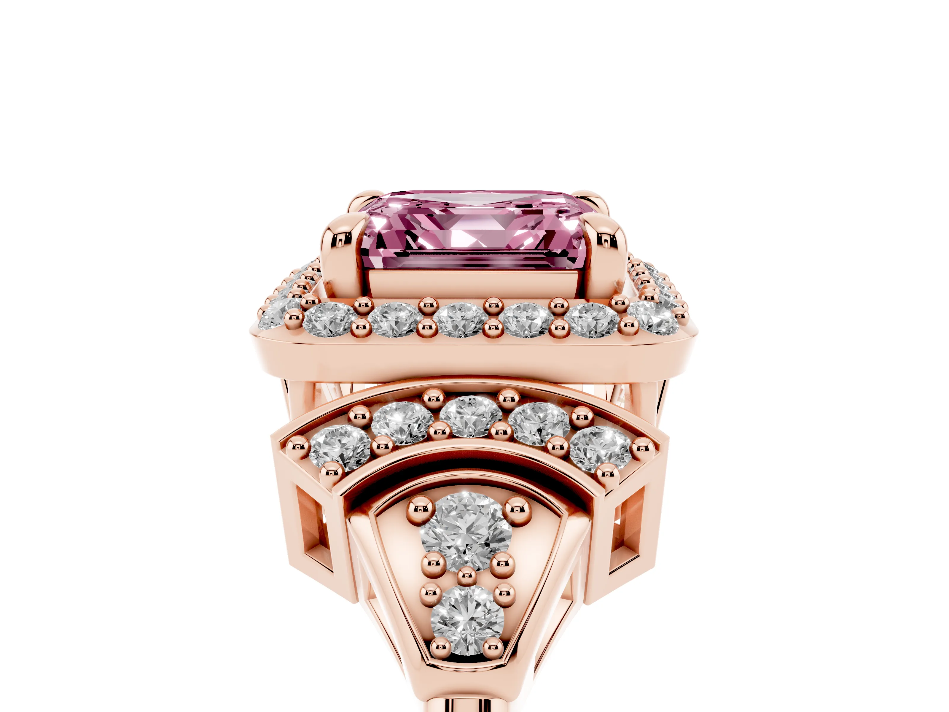 Fancy Pink Asscher Cut Diamond Halo Engagement Ring Set in Rose gold with Accent Stone Split Shank