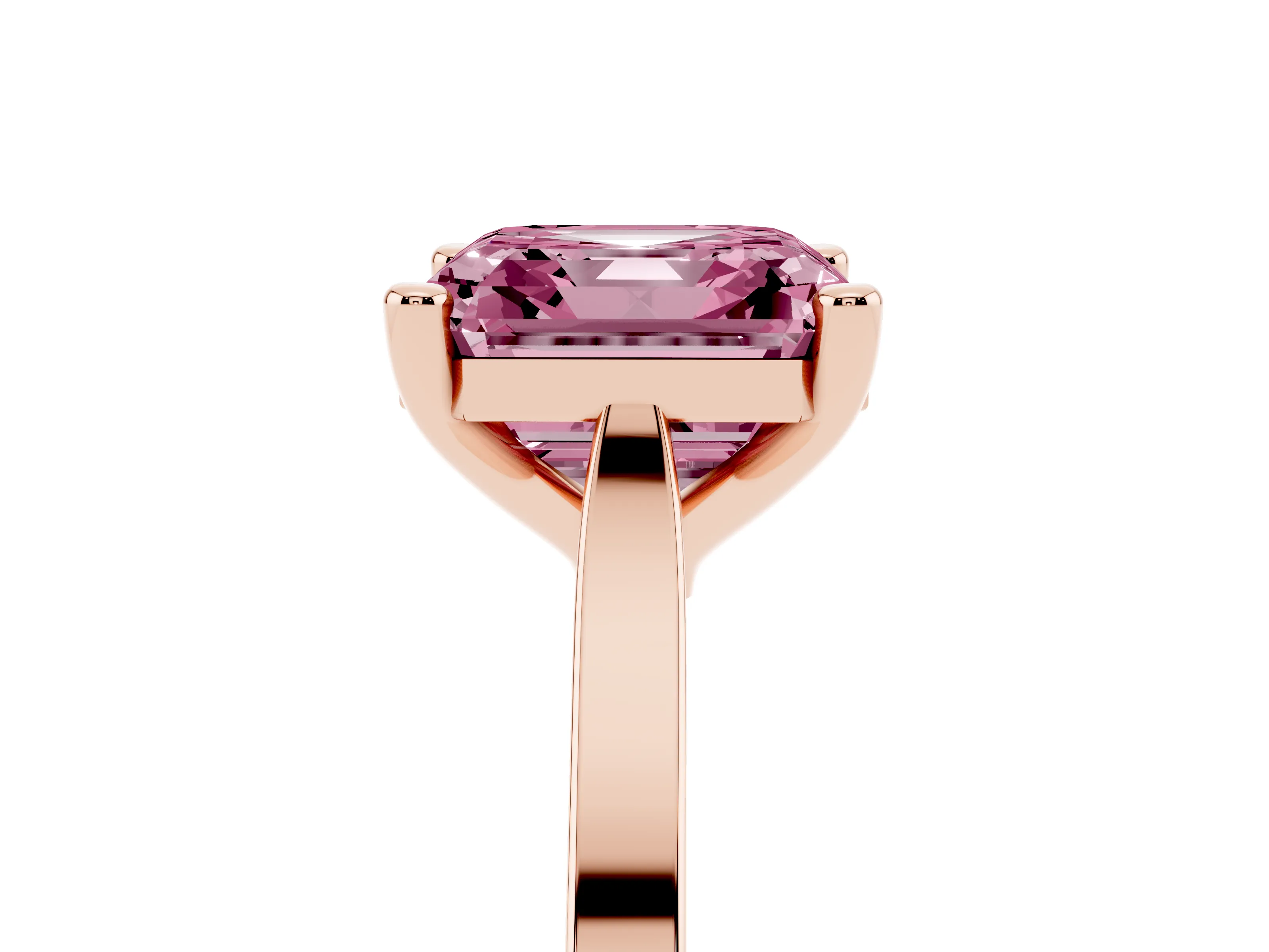 Fancy Pink Asscher Cut Diamond Solitaire Ring Set in Rose gold with Prong Setting and Tapered Band