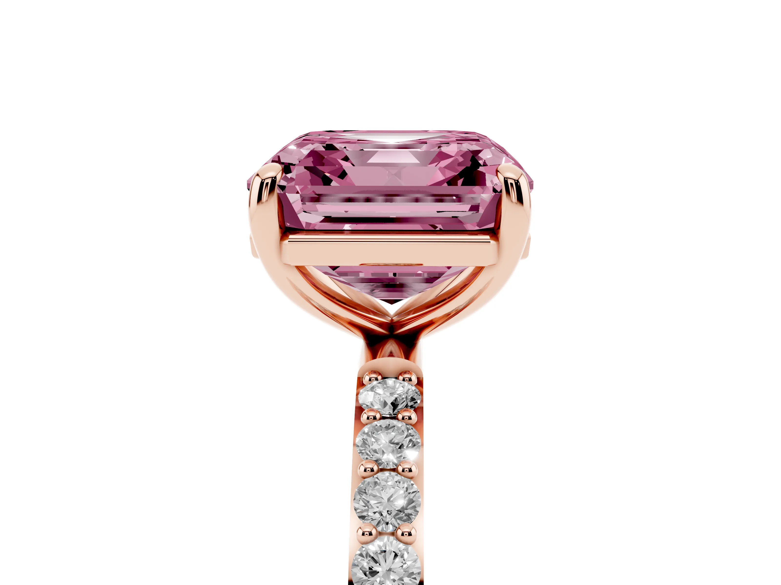 Fancy Pink Asscher Cut Diamond Solitaire Ring Set in Rose gold with Round Pavé Band and Prong Setting