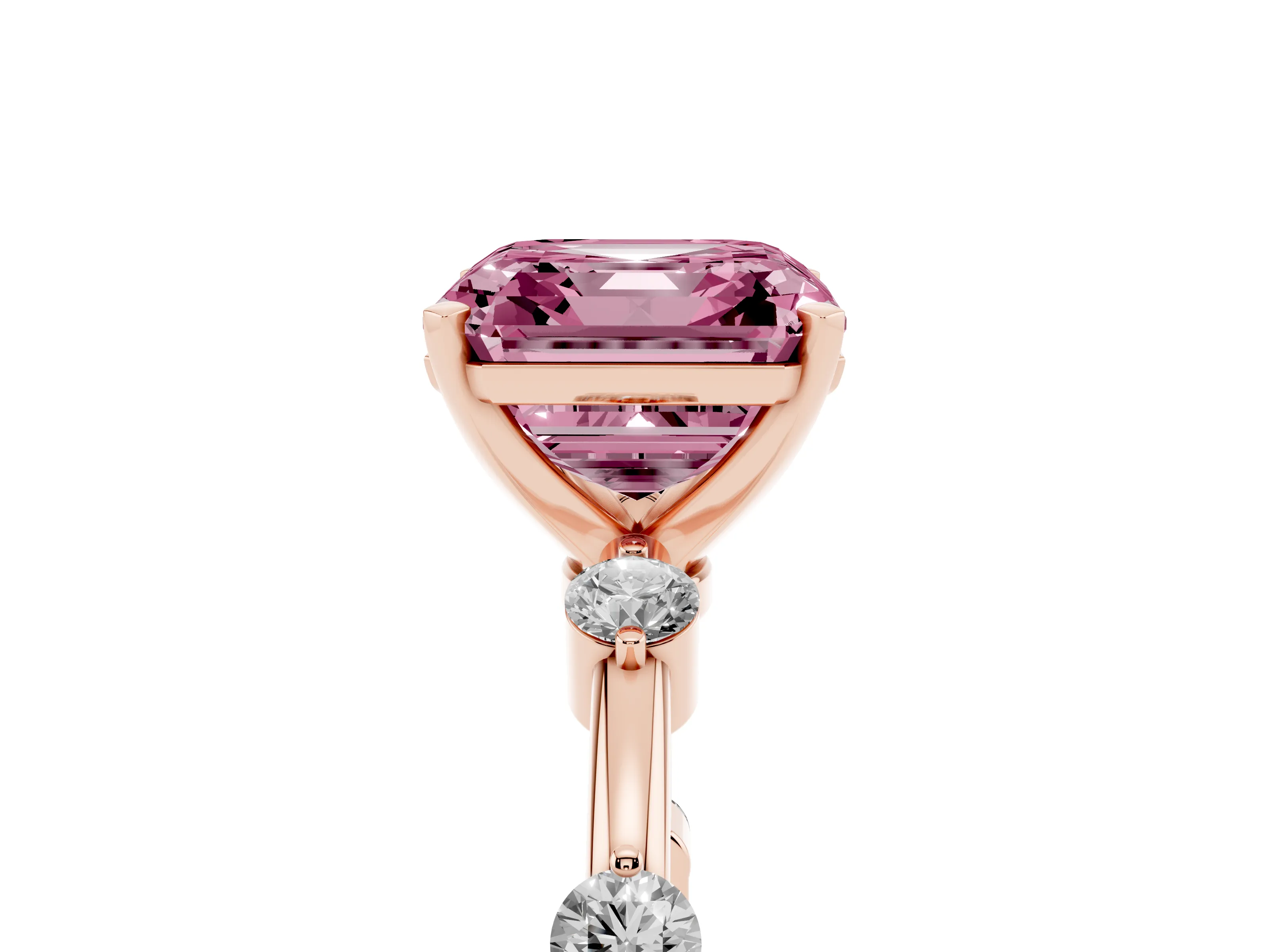 Fancy Pink Asscher Cut Diamond Solitaire Ring Set in Rose gold with Bezel Set Side Stones and Prong Setting