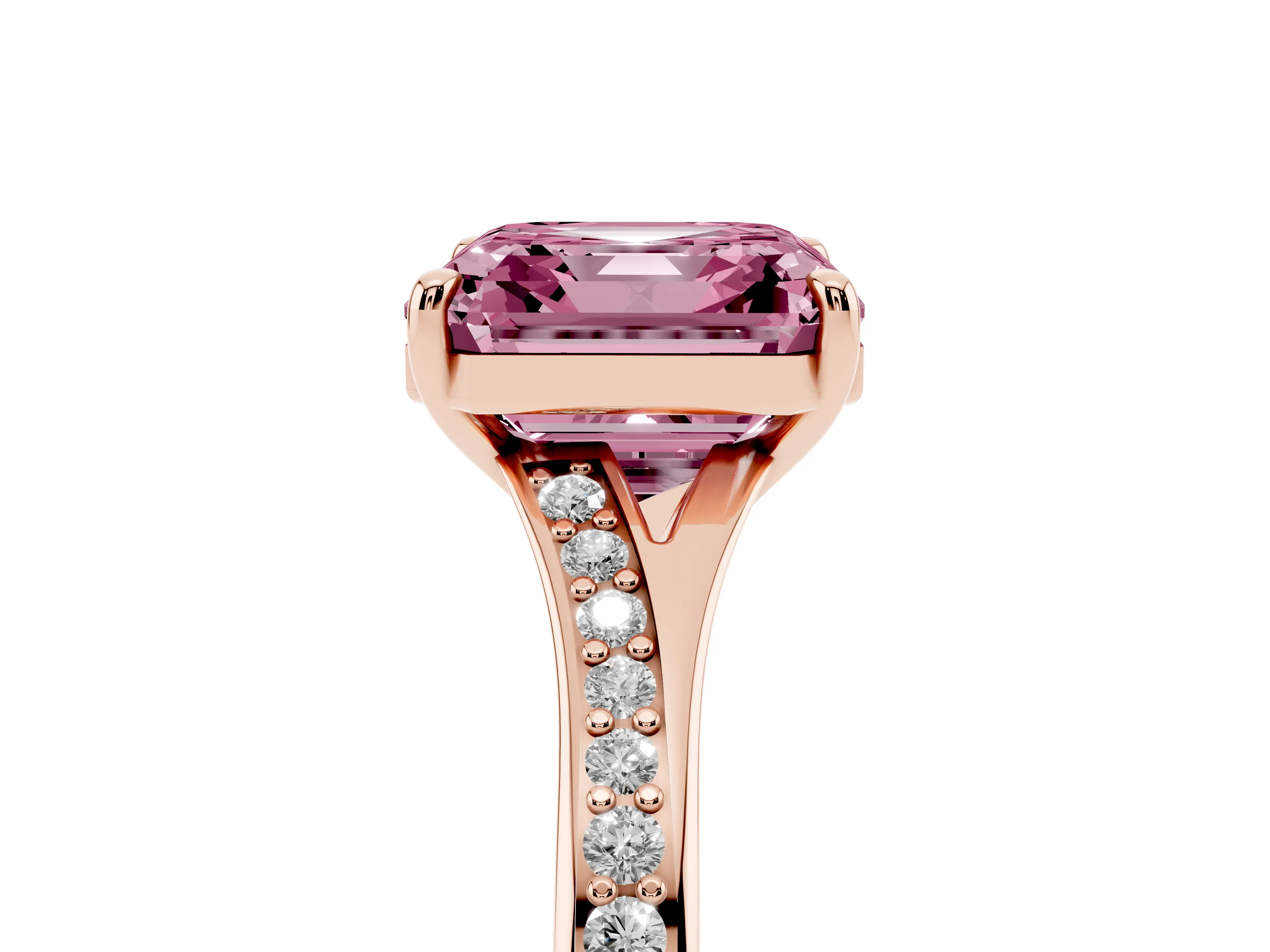 Fancy Pink Asscher Cut Diamond Solitaire Ring Set in Rose gold with Pavé Accent Band and Classic Prong Setting