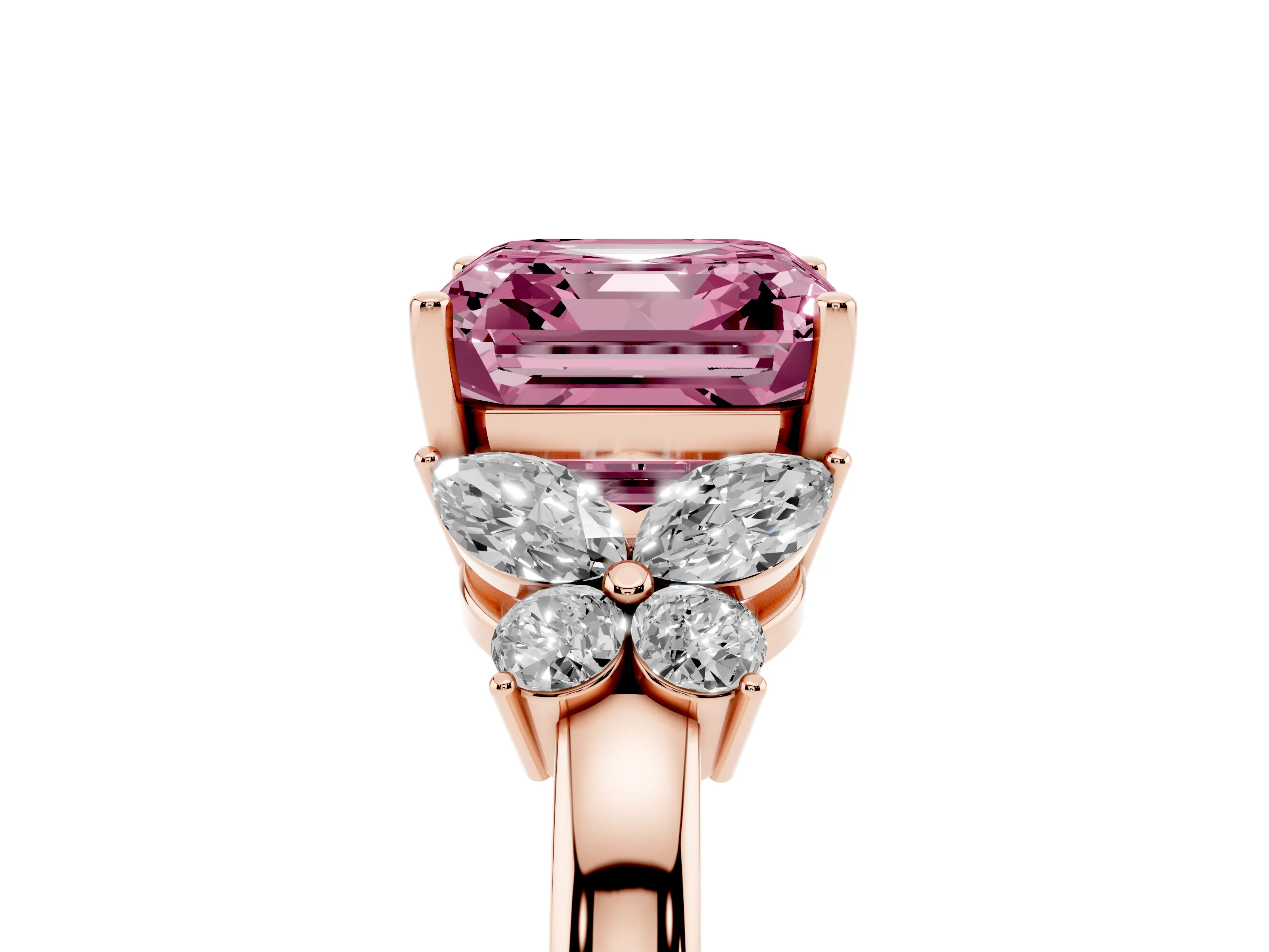 Fancy Pink Asscher Cut Diamond Solitaire Floral Ring Set in Rose gold with Marquise Petals and Prong Setting