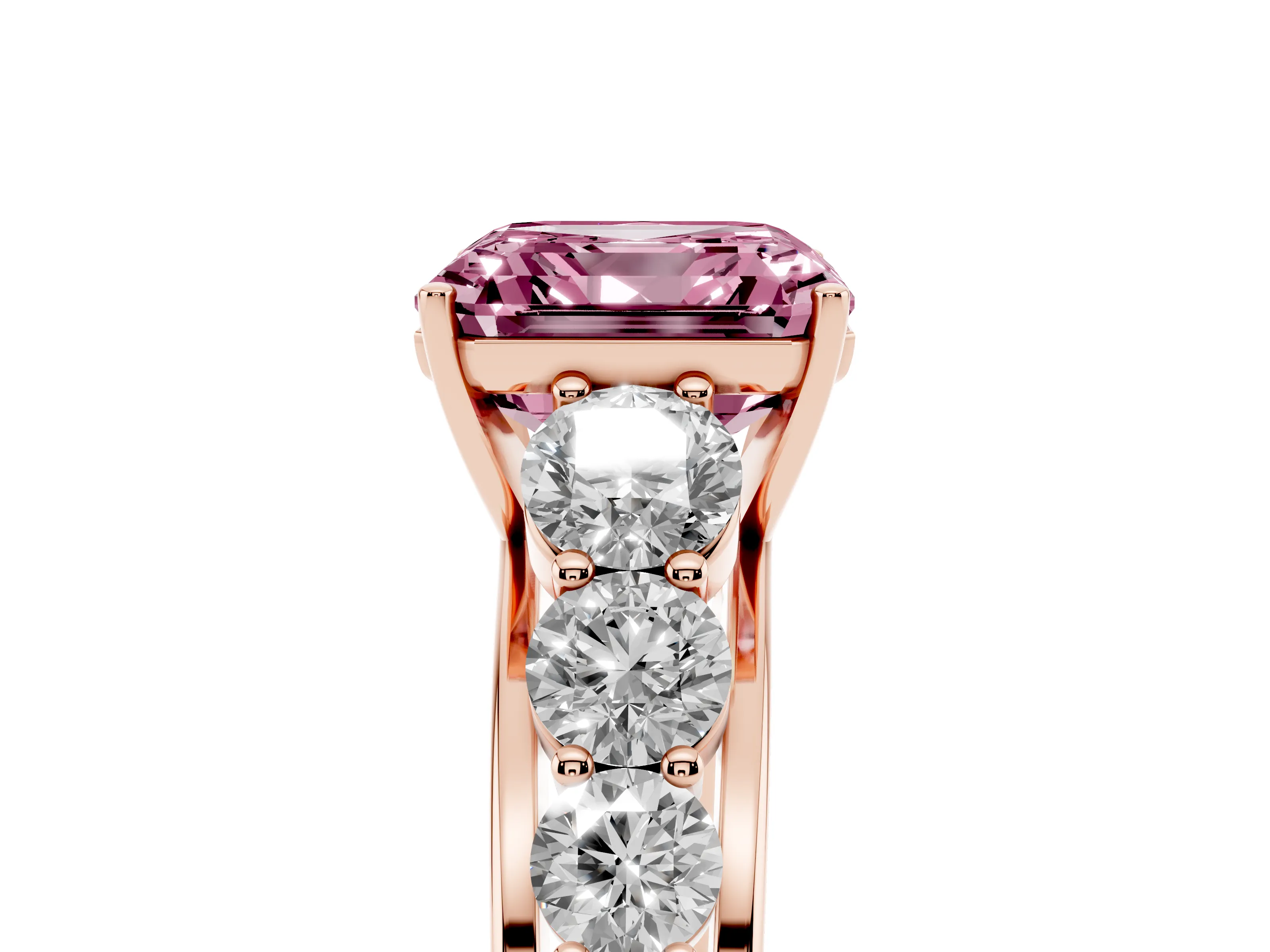 Fancy Pink Asscher Cut Diamond Solitaire Ring Set in Rose gold with Pavé-Set Band and Prong Setting
