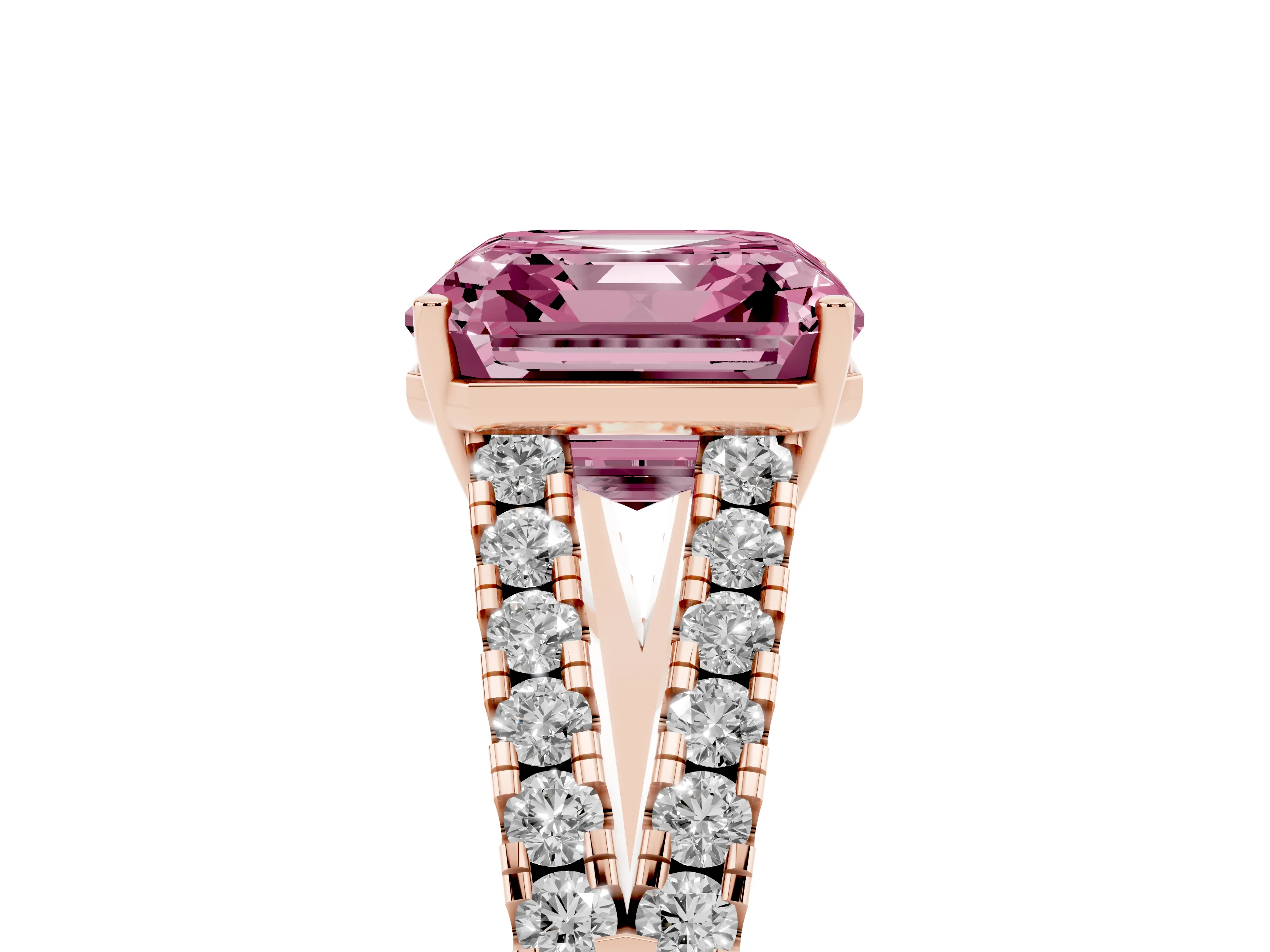 Fancy Pink Asscher Cut Diamond Split Shank Pavé Engagement Ring Set in Rose gold with Prong-Held Center Stone