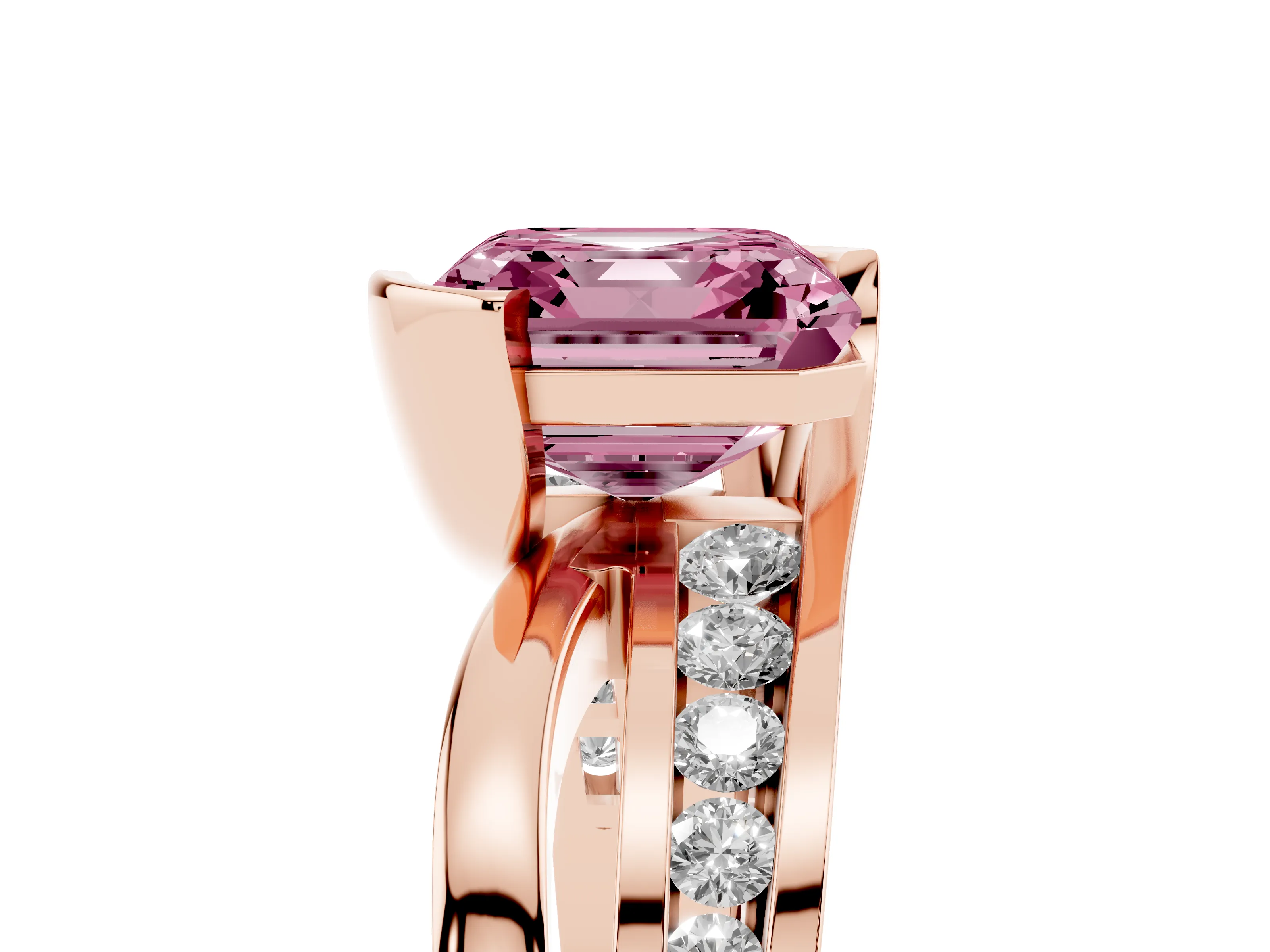 Fancy Pink Asscher Cut Diamond Solitaire Ring Set in Rose gold with Channel Set Split Shank and Tension Prongs