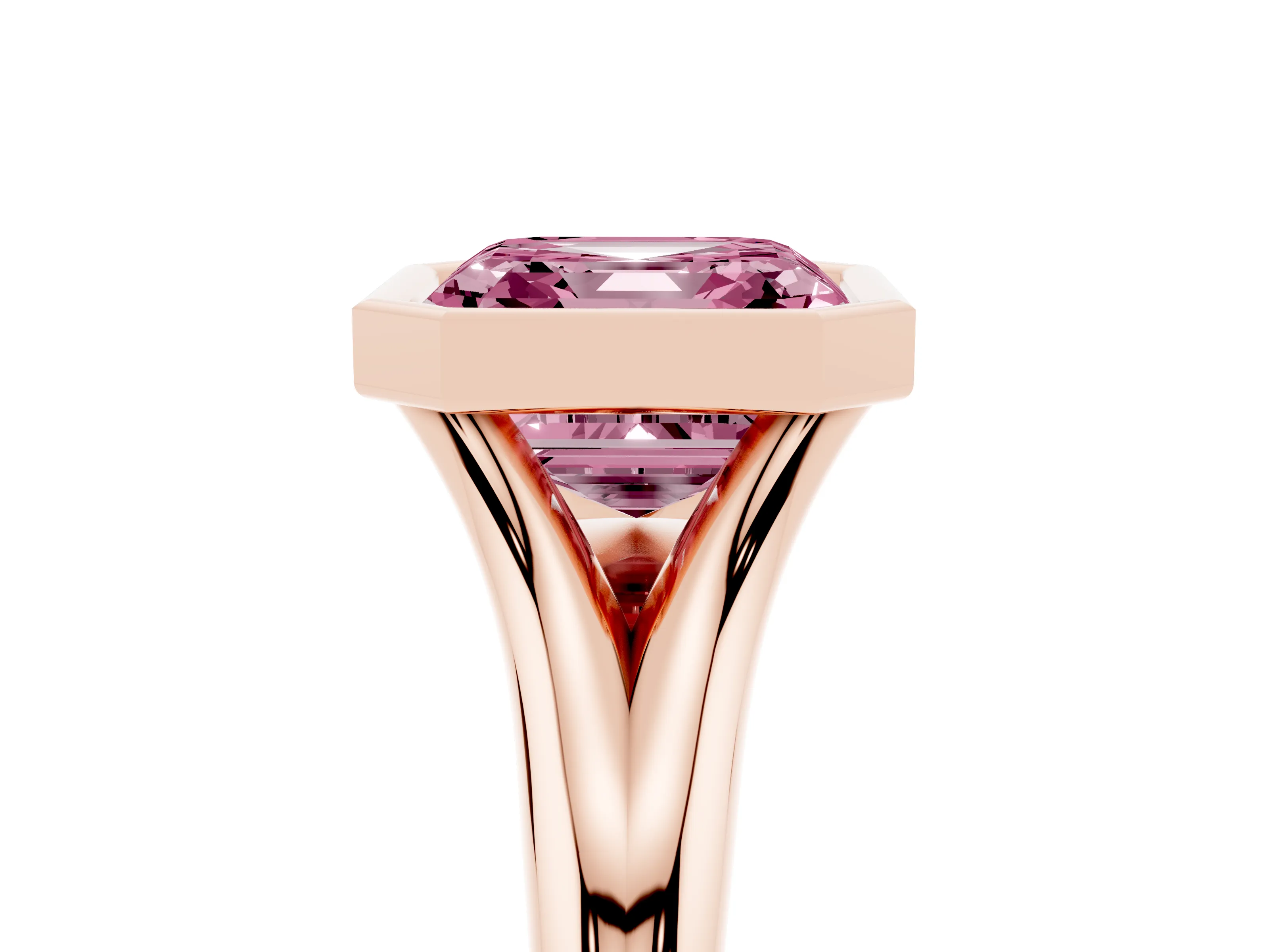 Fancy Pink Bezel Set Asscher Cut Diamond Solitaire Ring Set in Rose gold with Smooth Band