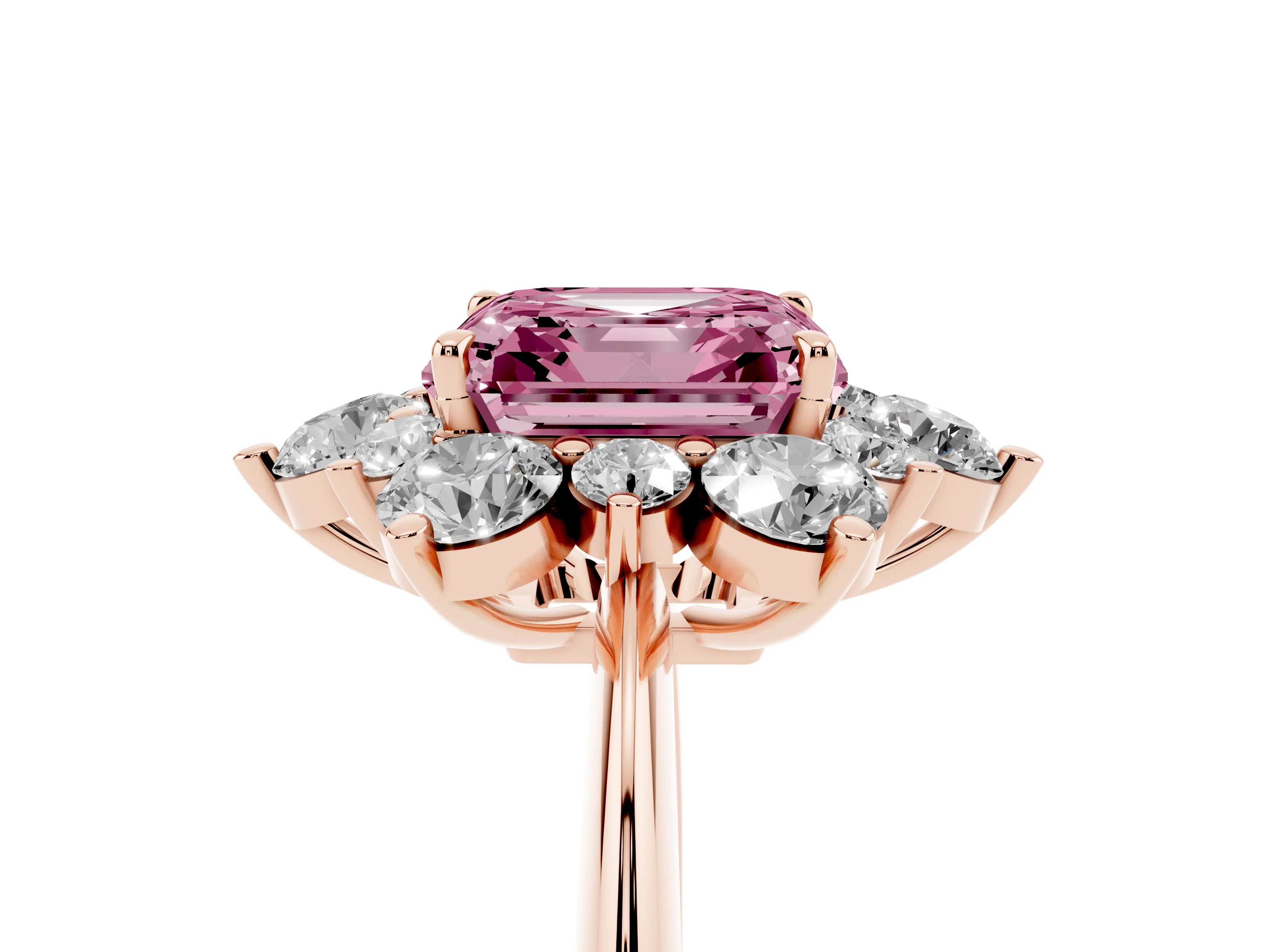 Fancy Pink Asscher Cut Diamond Cluster Halo Ring Set in Rose gold with Solitaire Band and Prong Setting