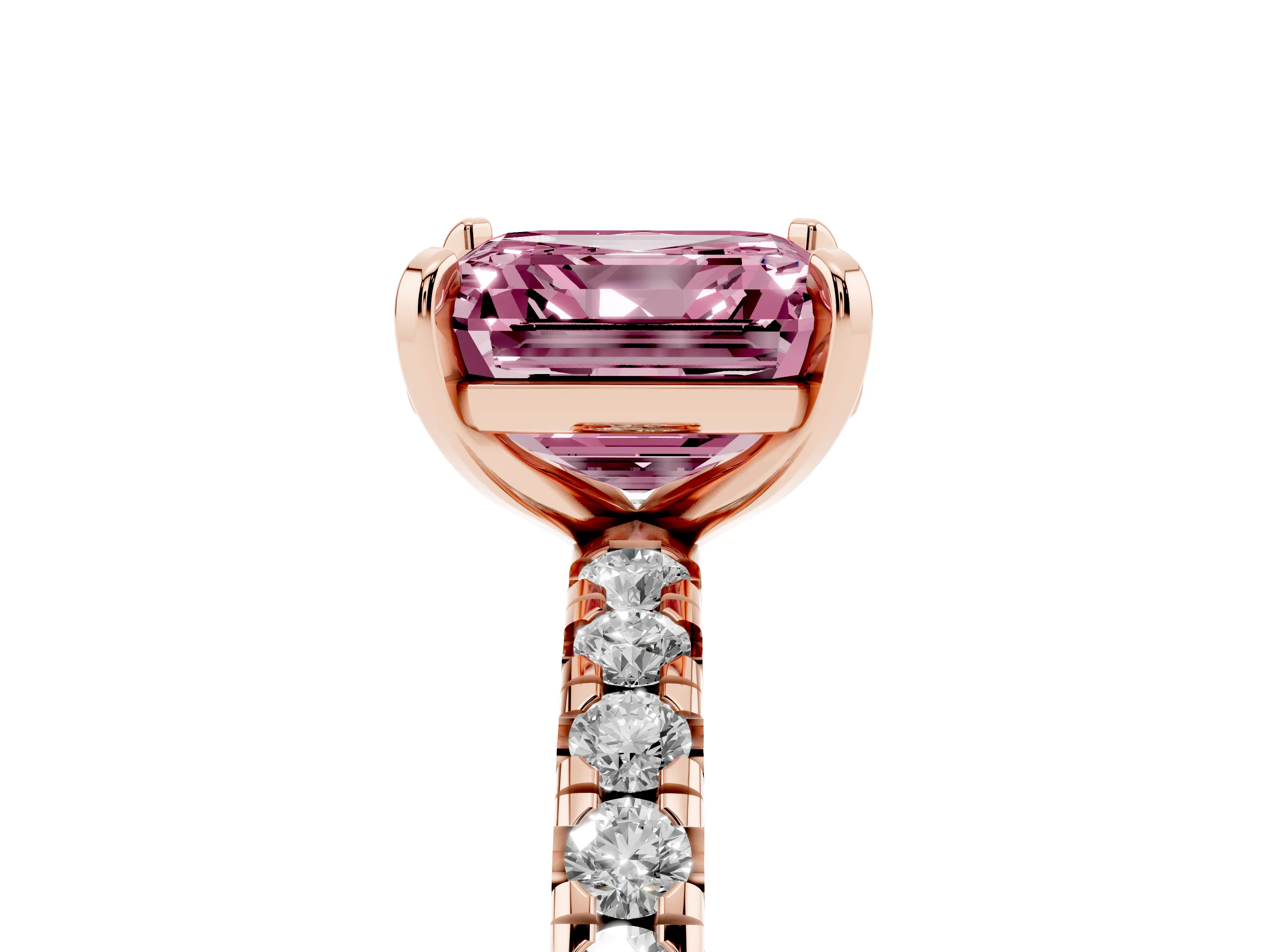 Fancy Pink Asscher Cut Diamond Pavé Solitaire Ring Set in Rose gold with Round Band and Prong Setting