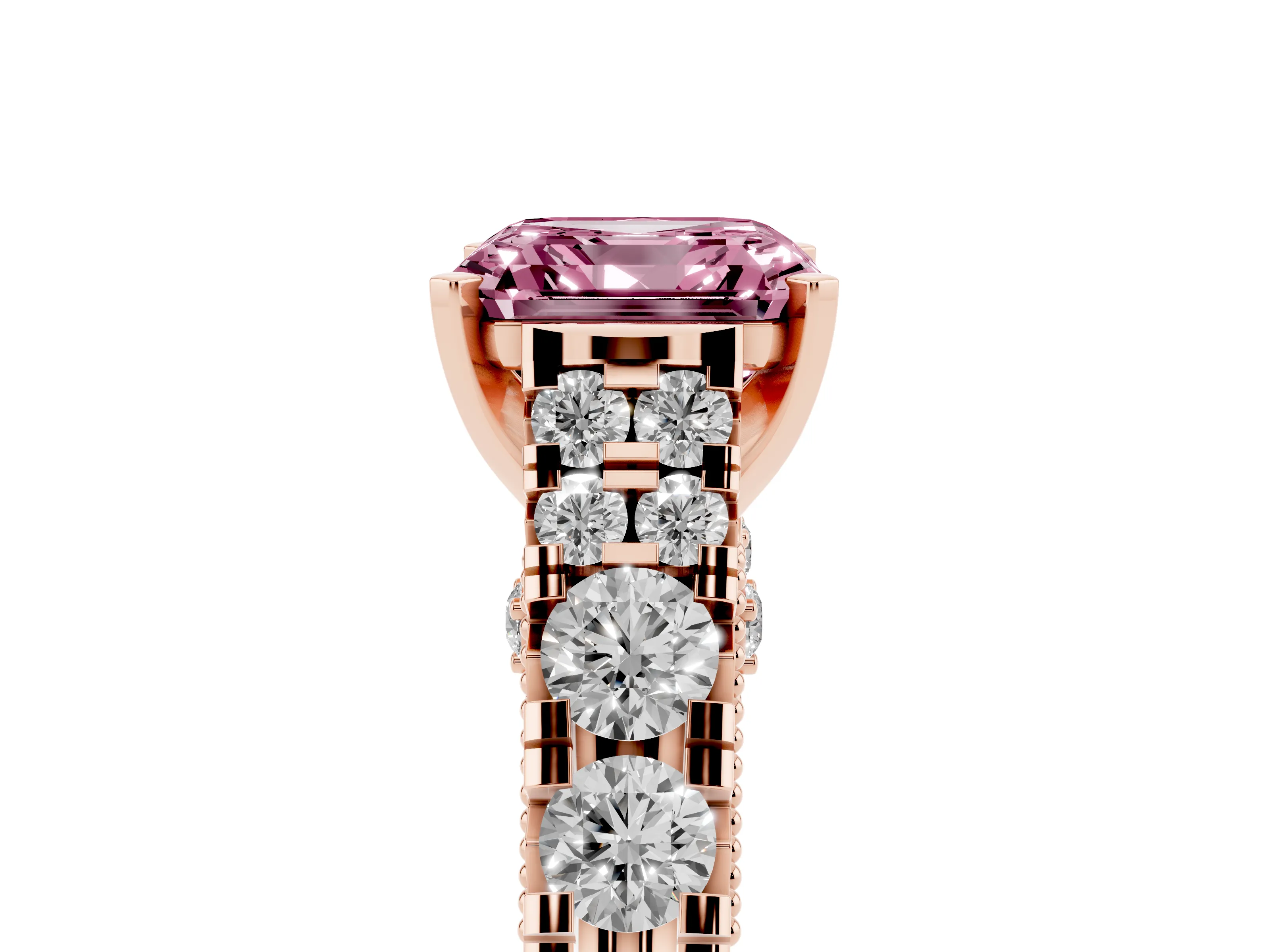Fancy Pink Asscher Cut Diamond Classic Solitaire Ring Set in Rose gold with Pavé Band and Prong Setting