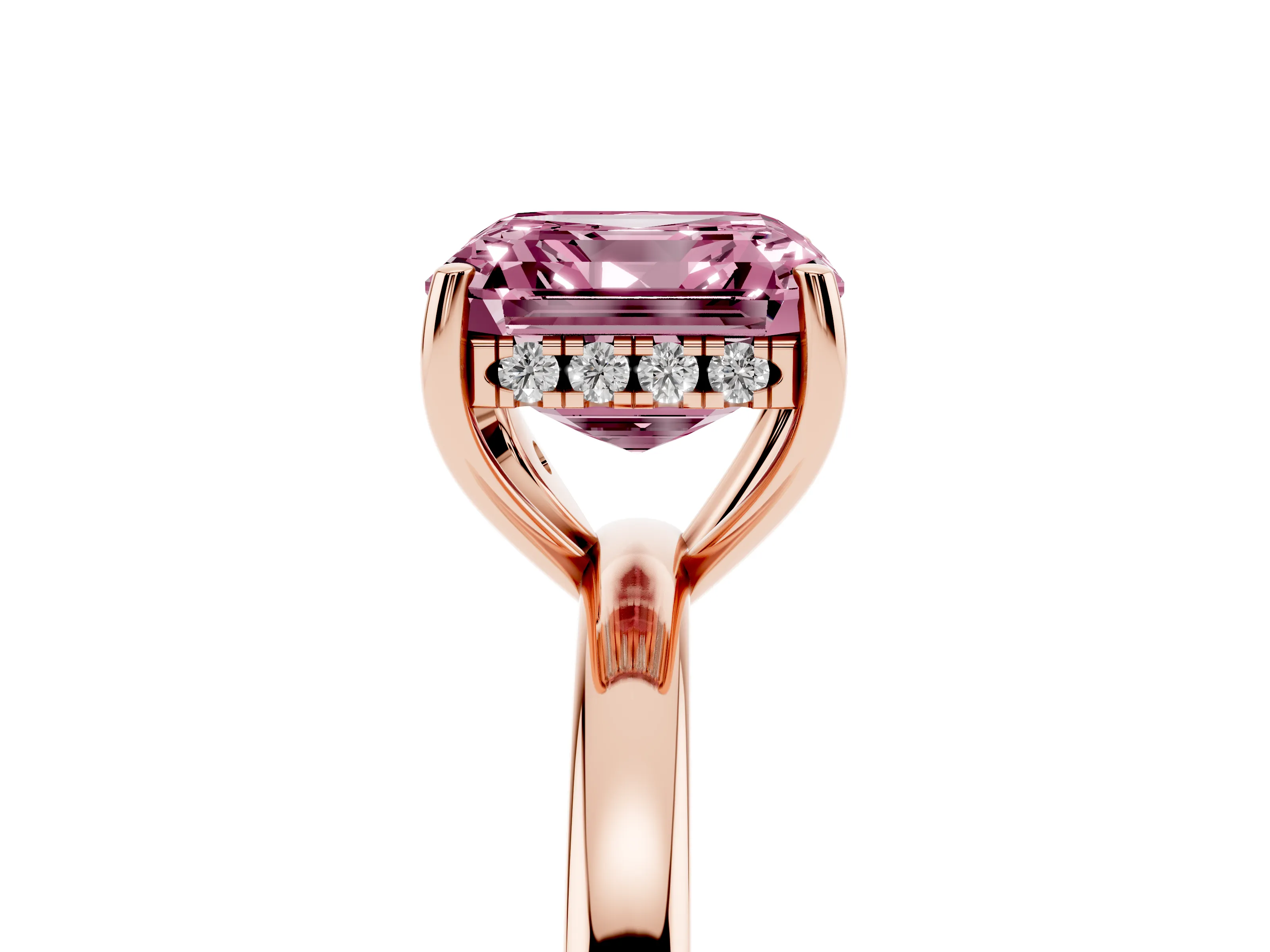 Fancy Pink Asscher Cut Diamond Solitaire Ring Set in Rose gold with Plain Band and Prong Setting
