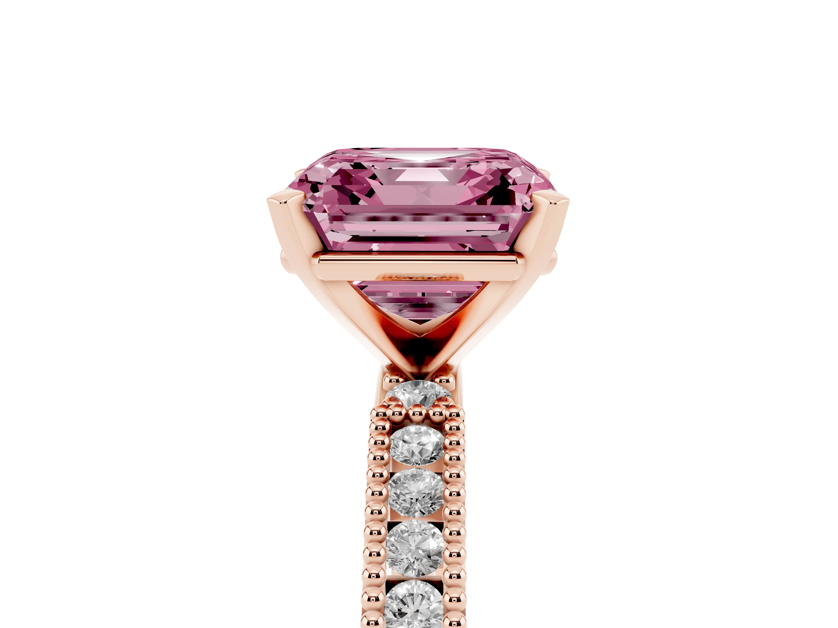 Fancy Pink Asscher Cut Diamond Solitaire Ring Set in Rose gold with Slim Pavé Band and Prong Setting