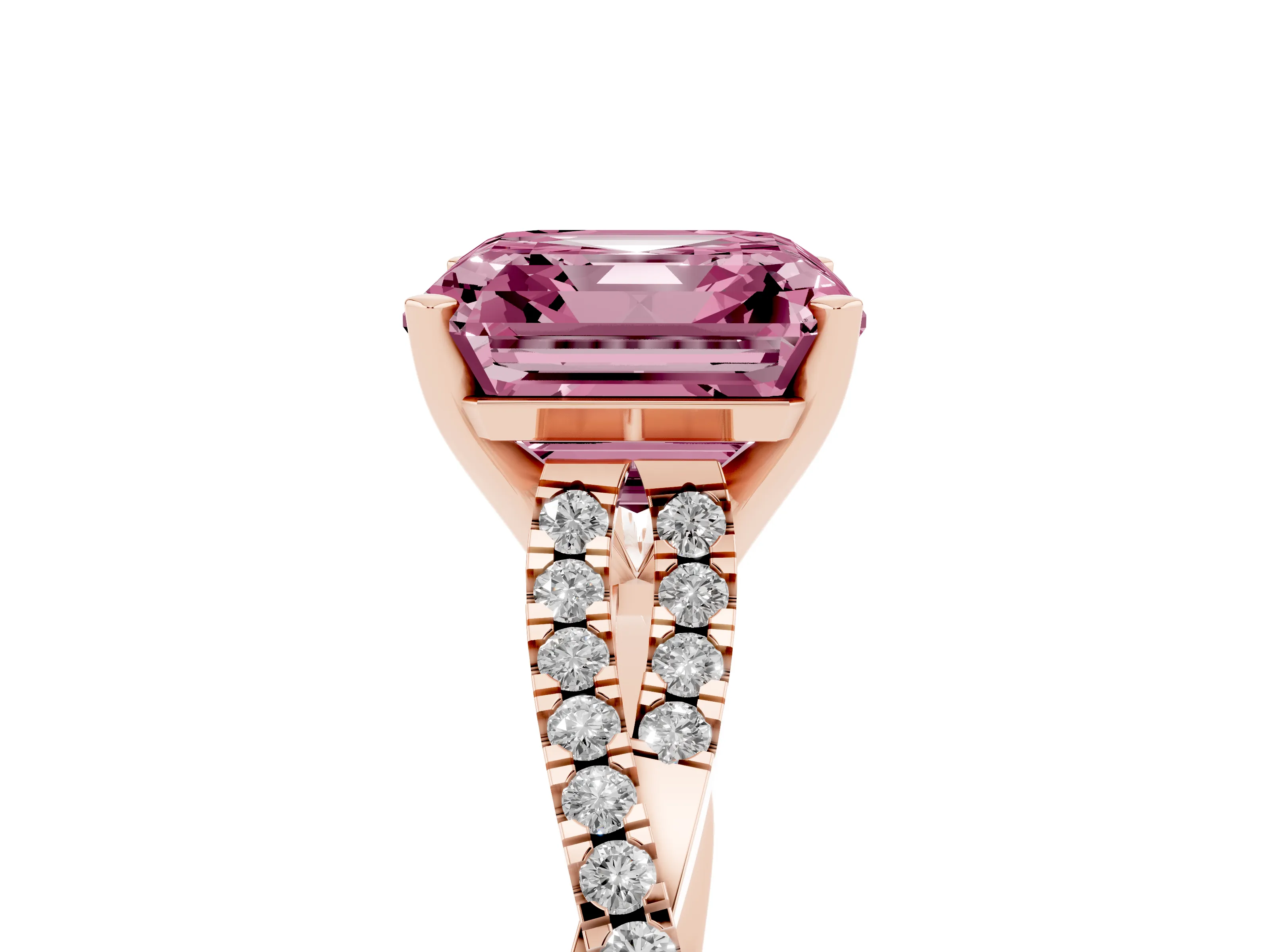 Fancy Pink Asscher Cut Diamond Solitaire Engagement Ring Set in Rose gold with Twisted Pavé Band and Prong Setting
